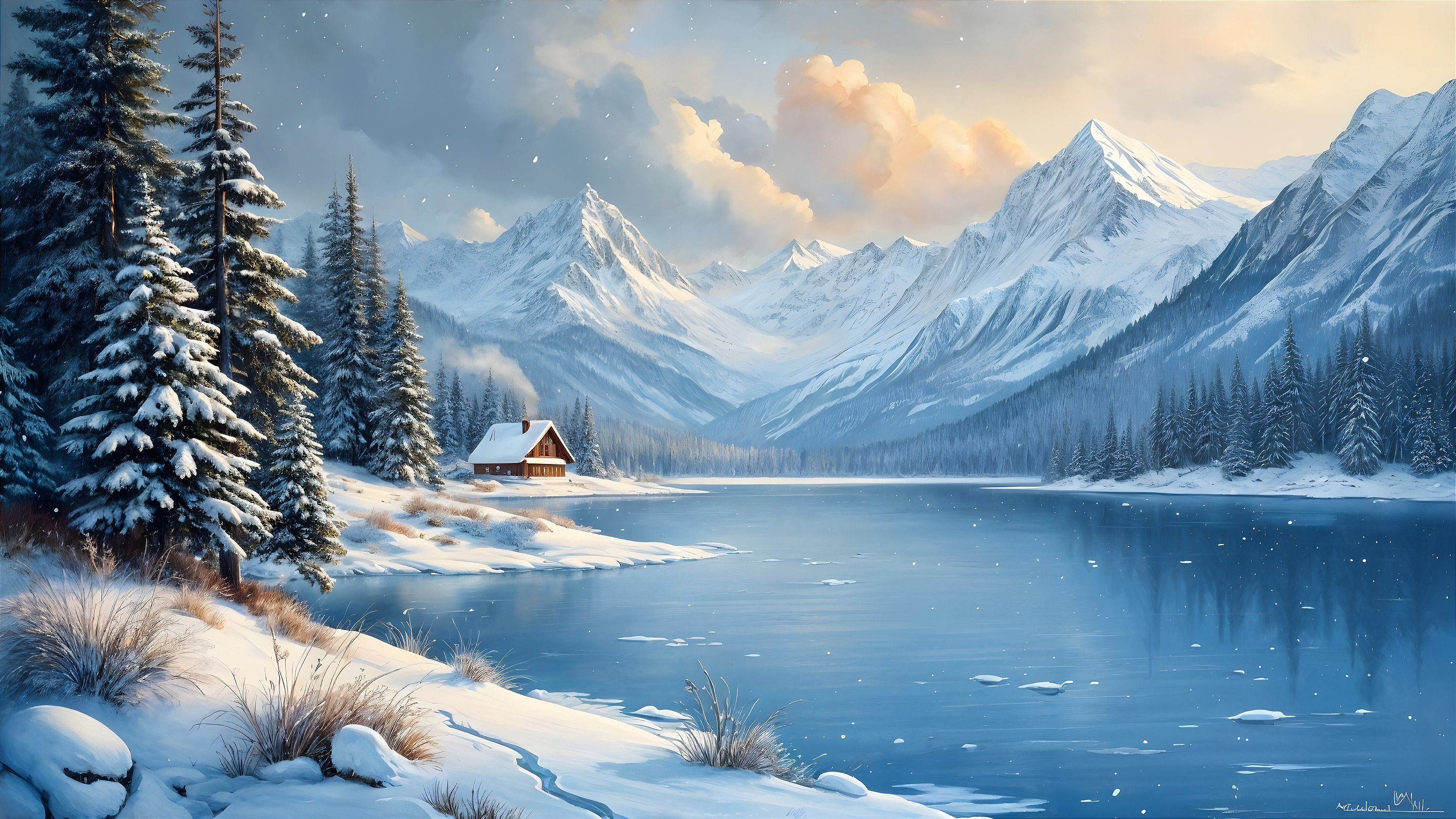 Cozy Cabin in Serene Winter Landscape by Lake