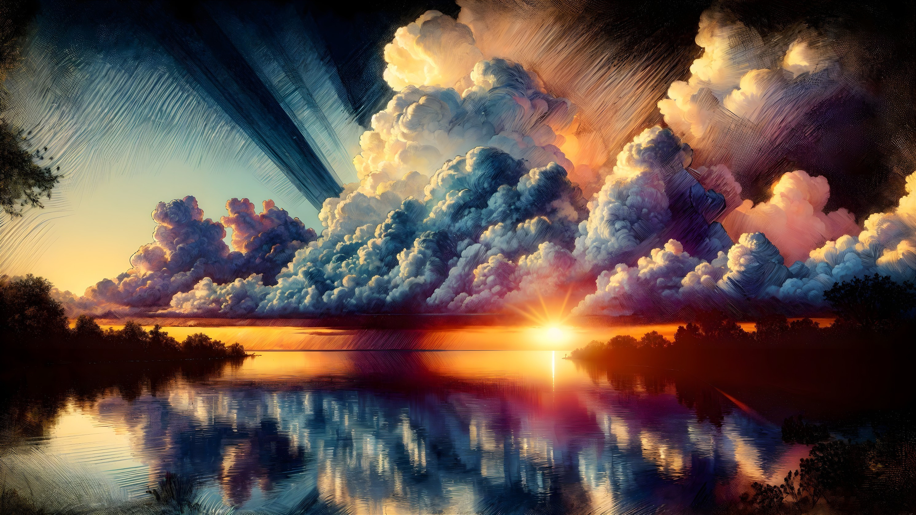 Vibrant Sunset Over Calm Water and Silhouetted Trees