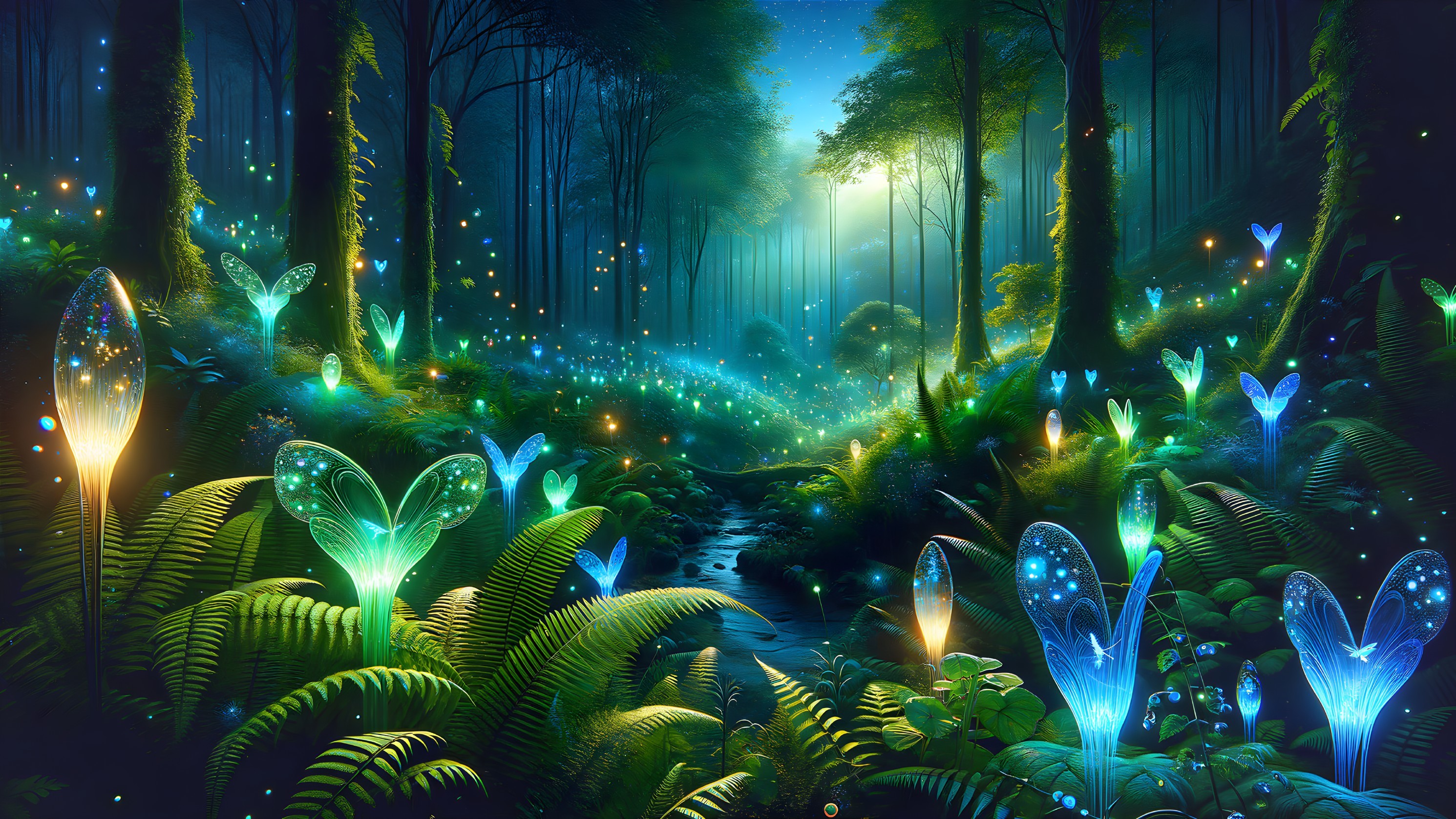Bioluminescent Forest with Enchanting Flora and Fauna