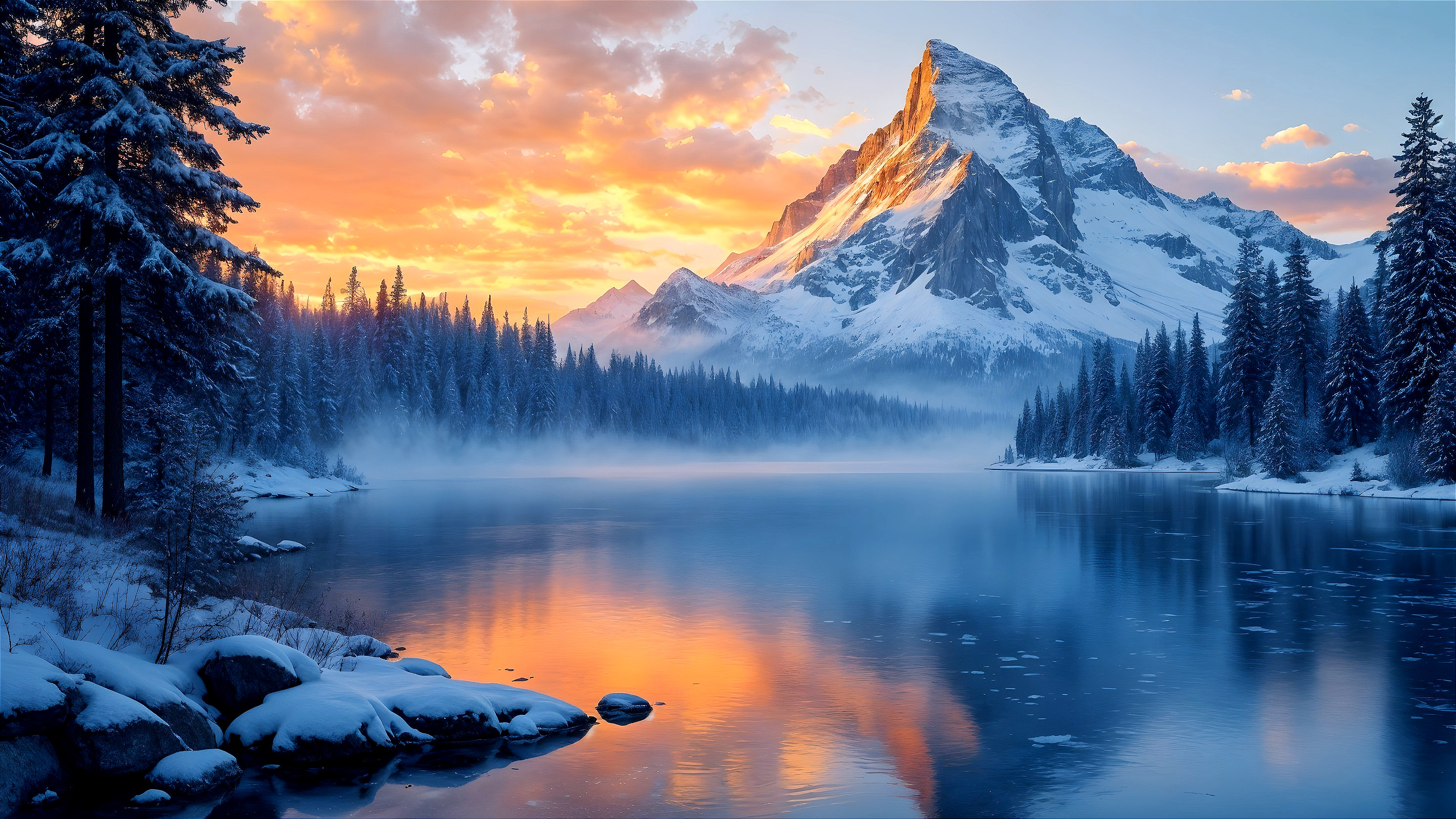 Majestic Winter Landscape with Mountain and Lake