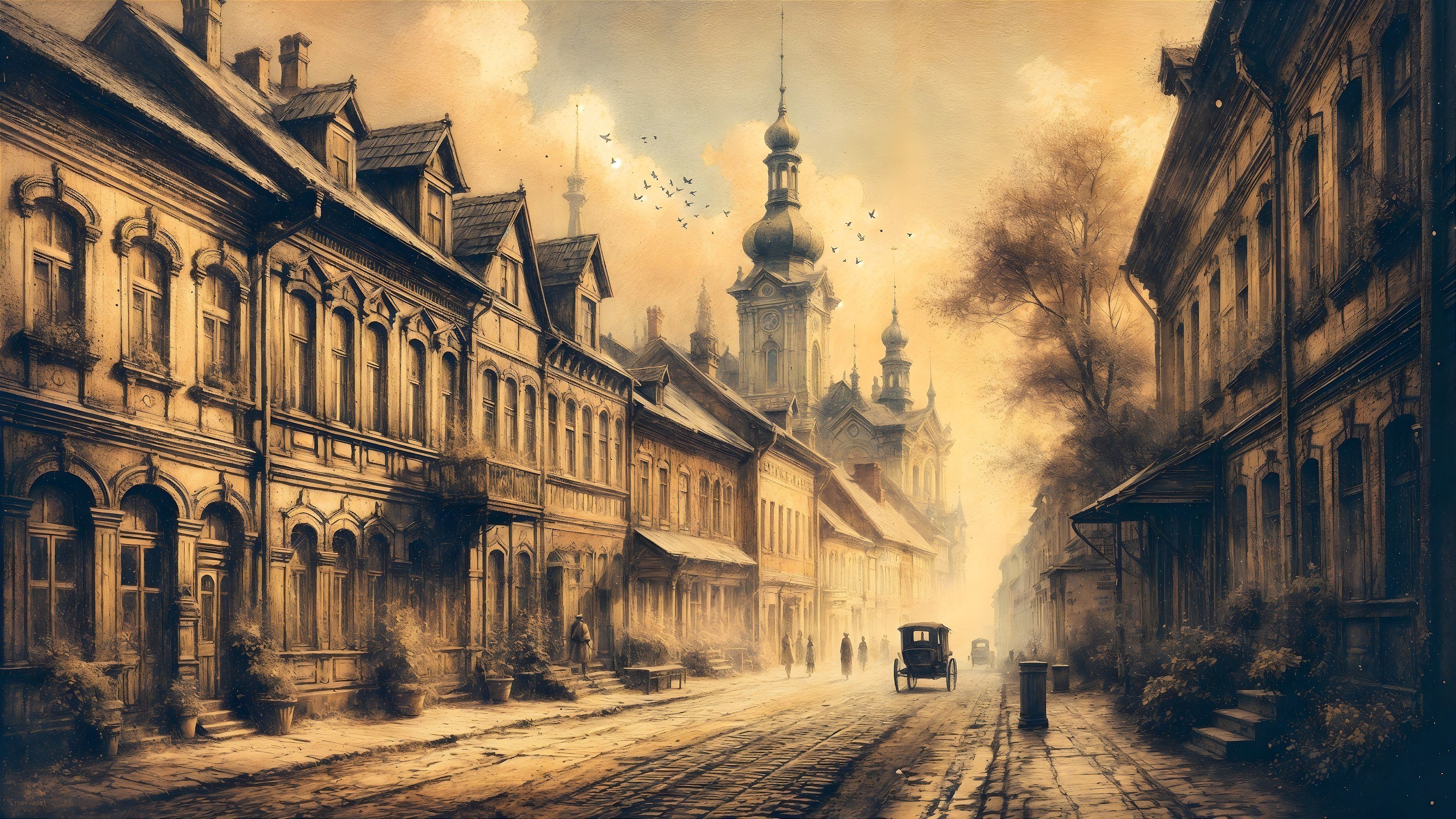 Vintage Street Scene with Warm Golden Hues