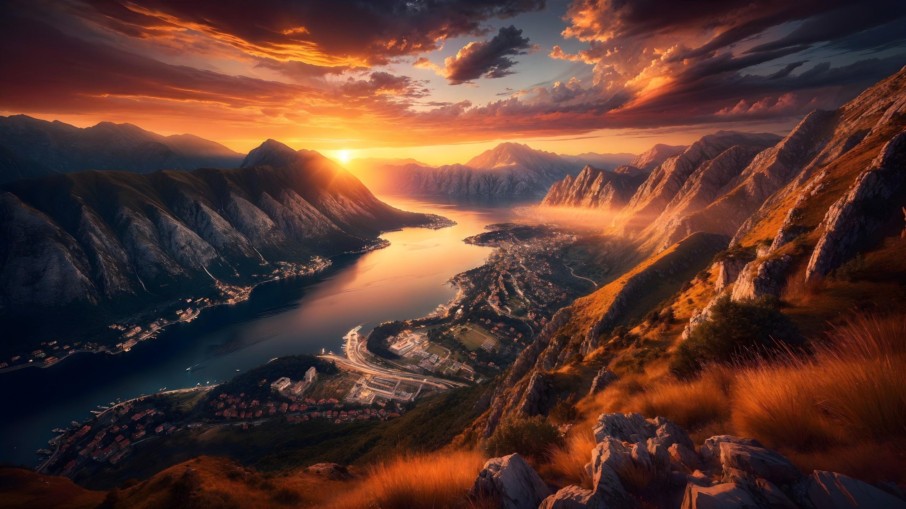 Breathtaking Sunset Over Mountainous Landscape and Lake