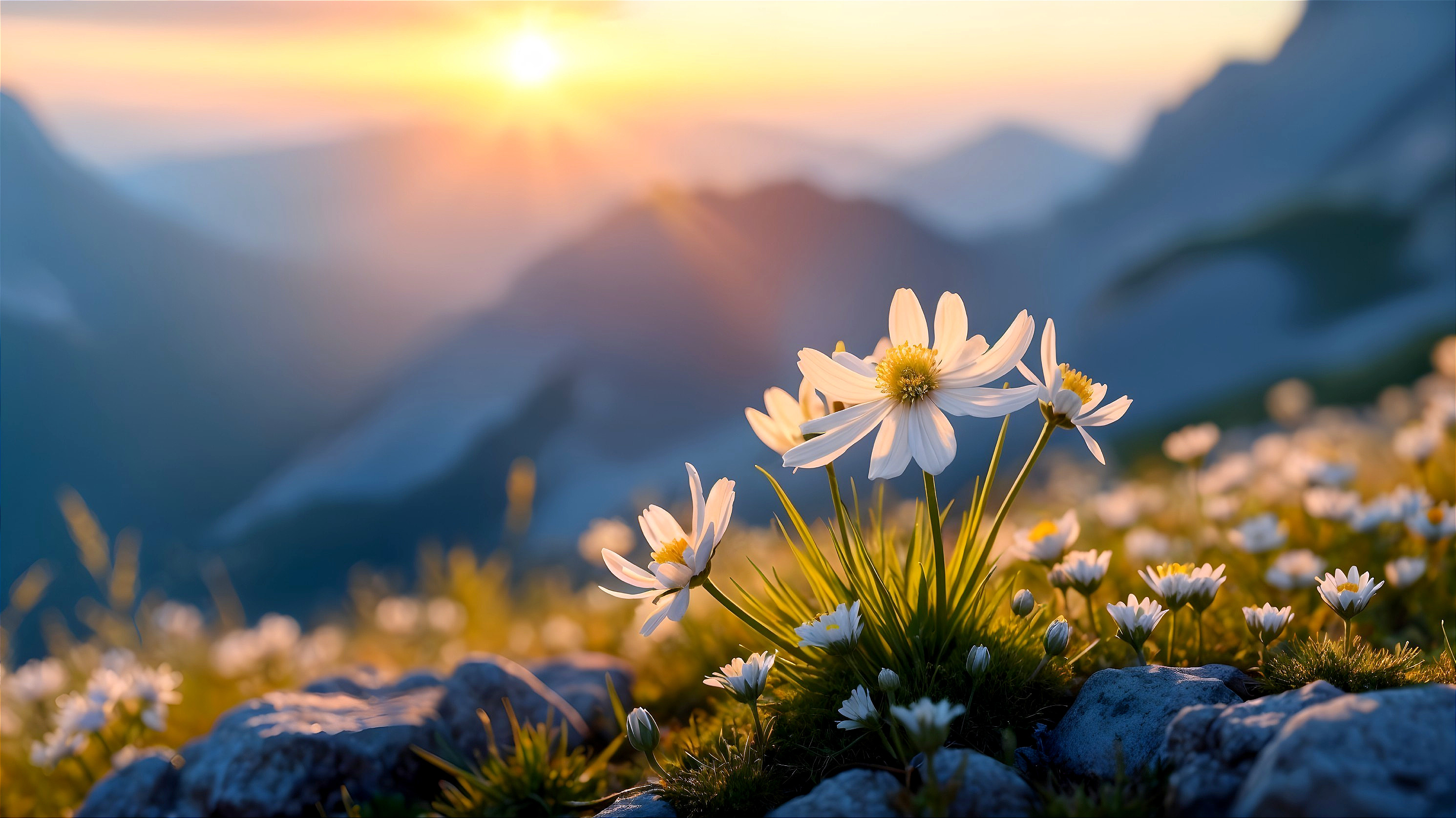 Serene Mountain Landscape with Daisies at Sunrise