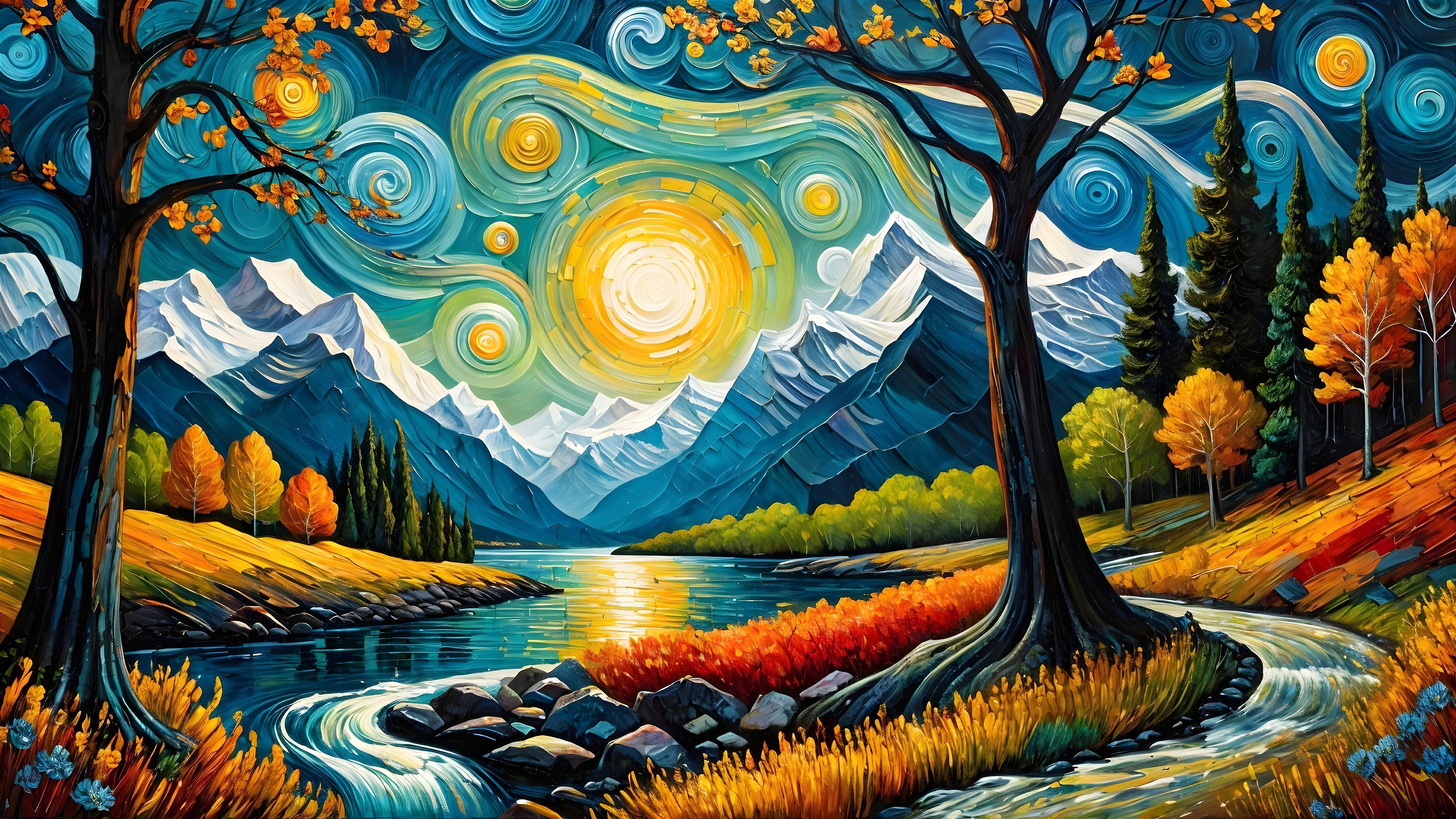 Vibrant Autumn Landscape with River and Mountains