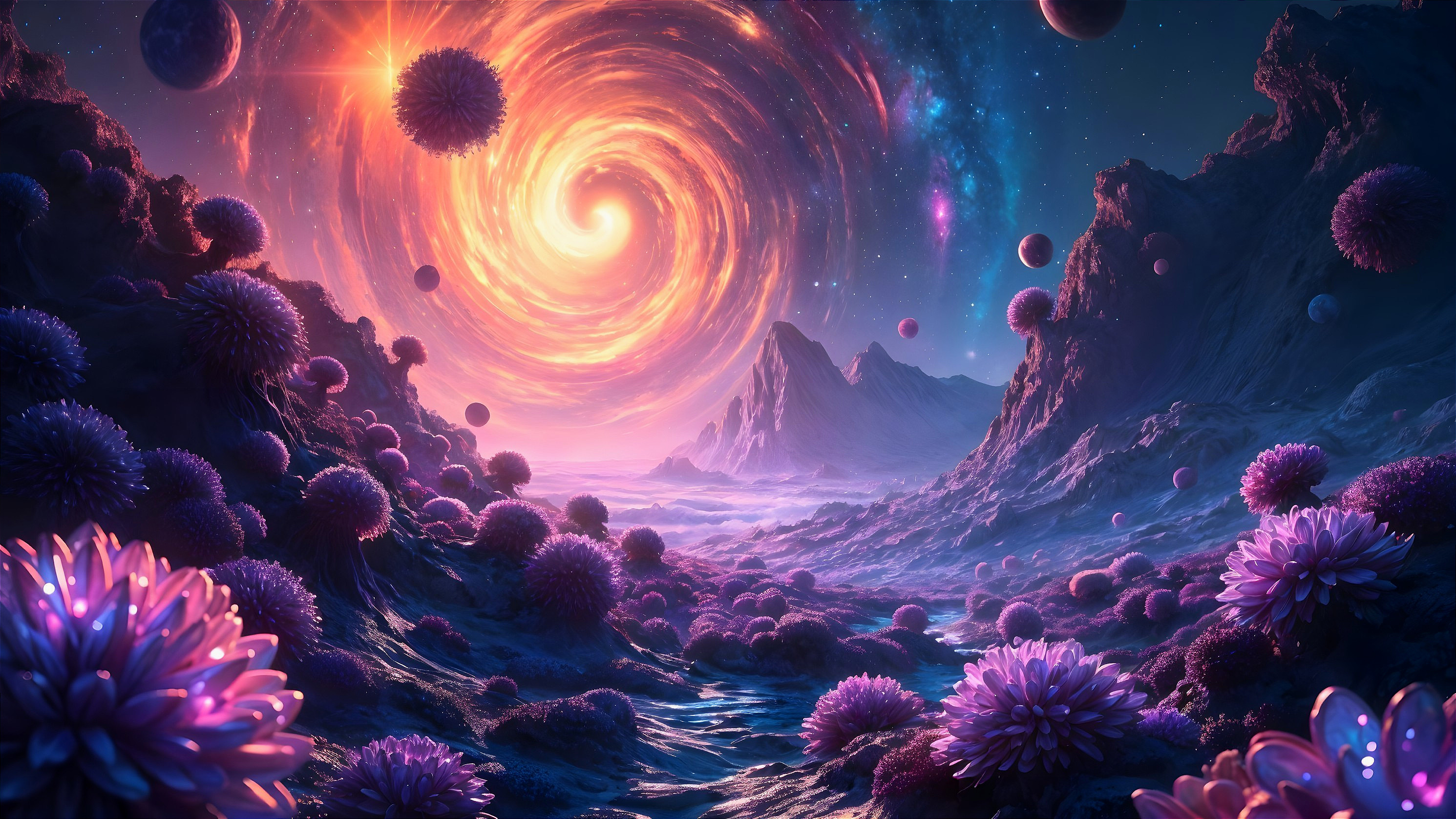 Vibrant Cosmic Landscape with Orange Vortex and Flora