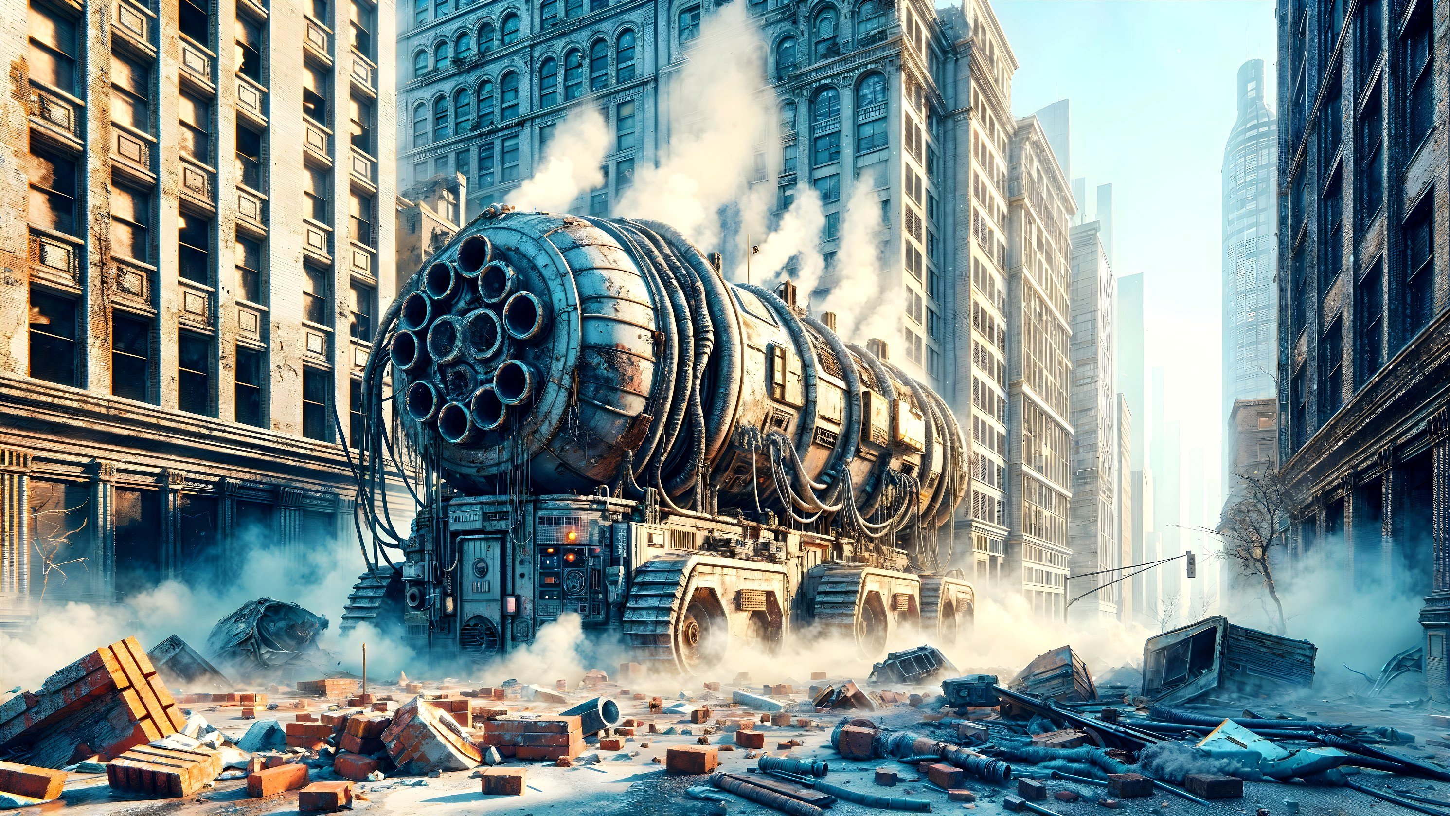 Futuristic vehicle in a post-apocalyptic urban setting