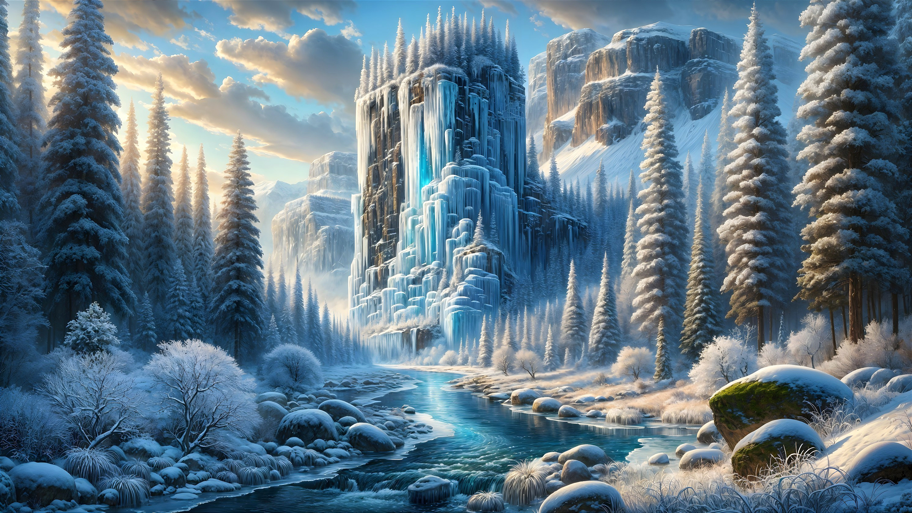 Winter Landscape with Ice Formation and Pine Trees