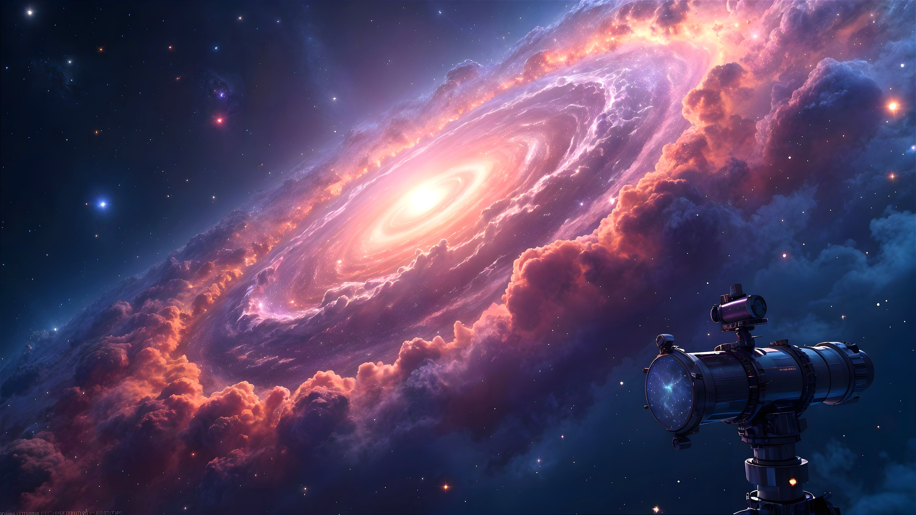 Vibrant Spiral Galaxy with Telescope in Cosmic Scene