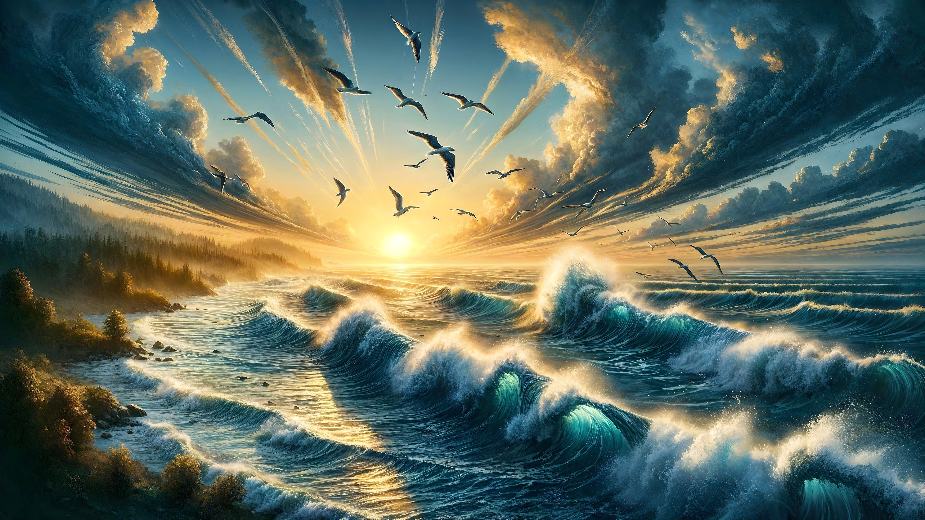 Seascape at Sunrise with Waves and Vibrant Sky