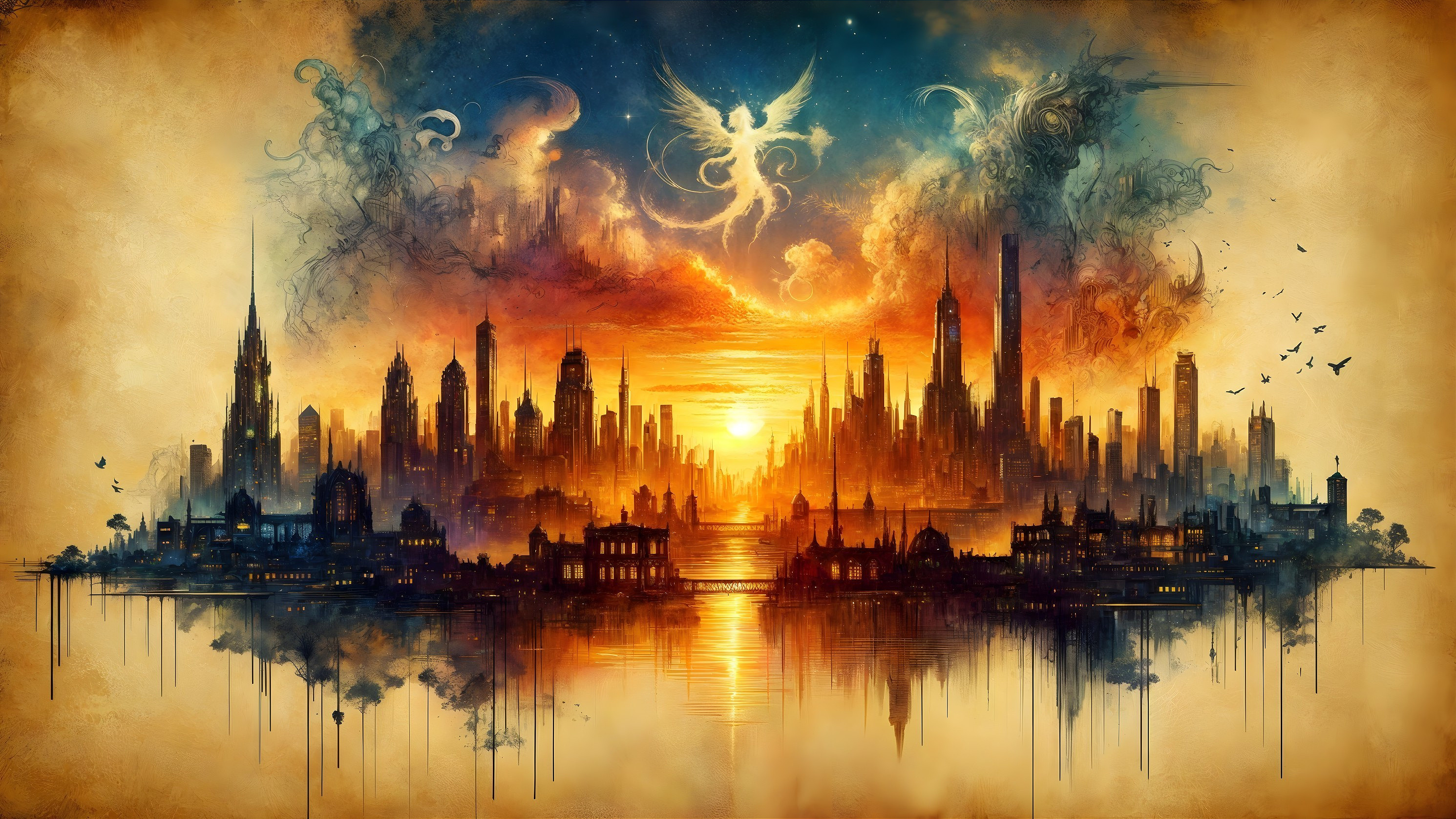 Cityscape at Sunset with Skyscrapers and Reflections