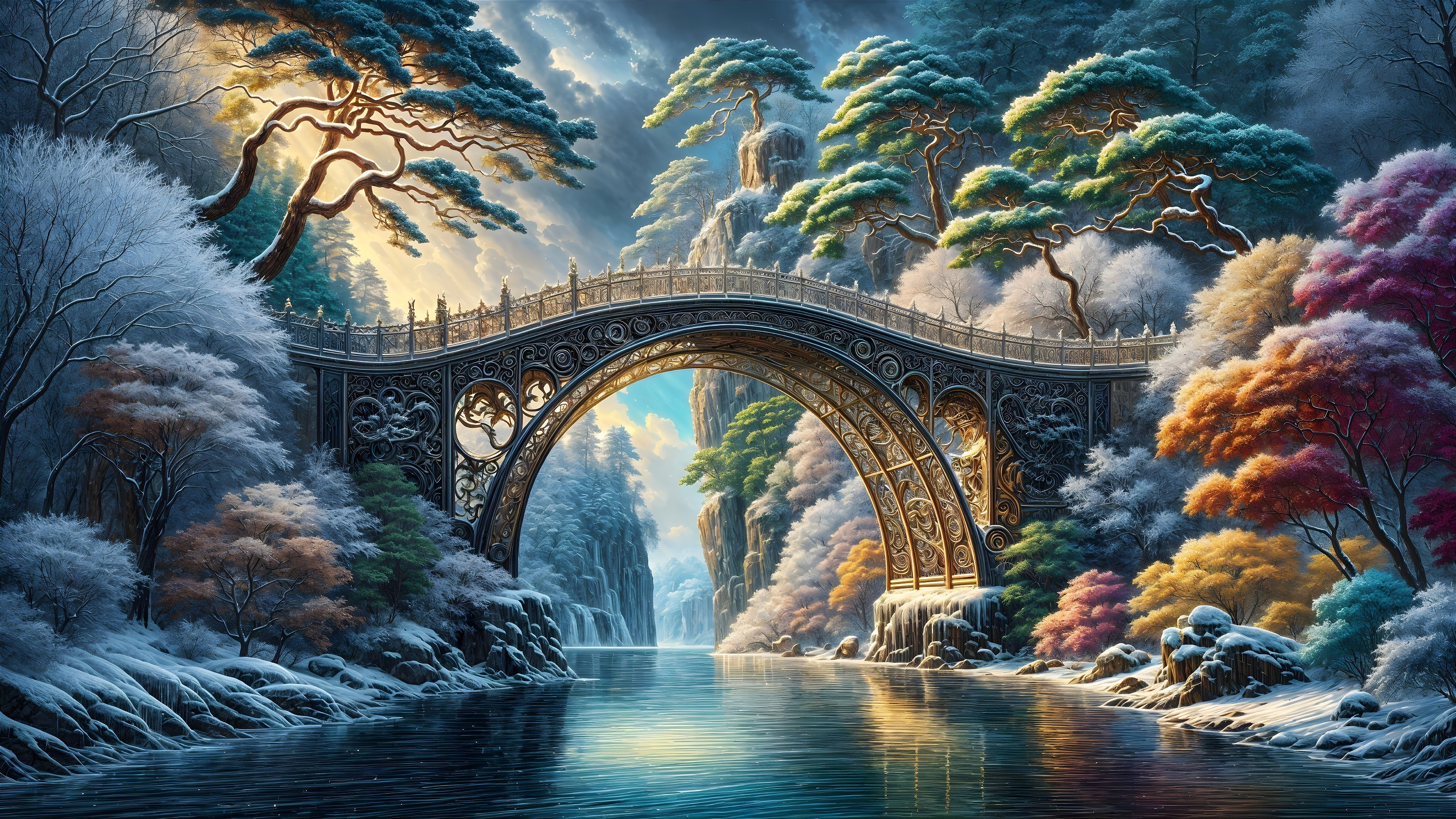 Intricate Bridge Over Serene Winter River Landscape