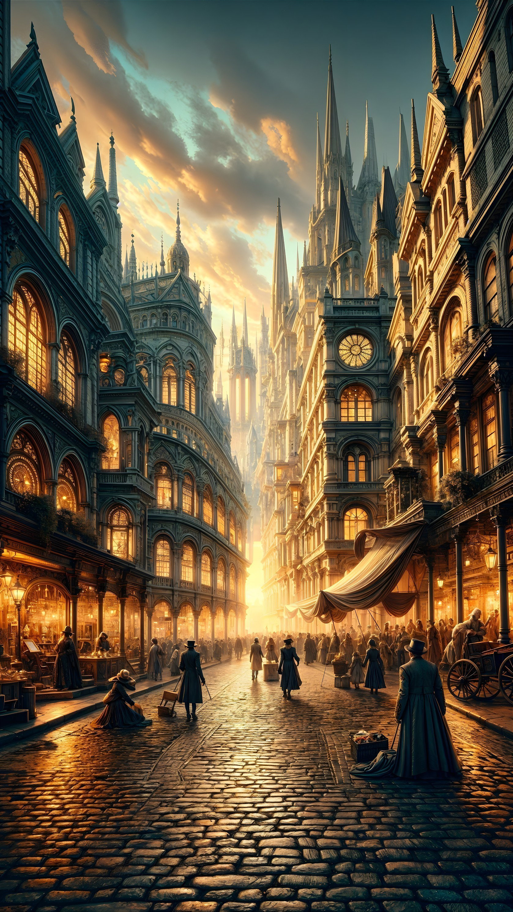 Intricate Fantastical Street Scene at Dusk
