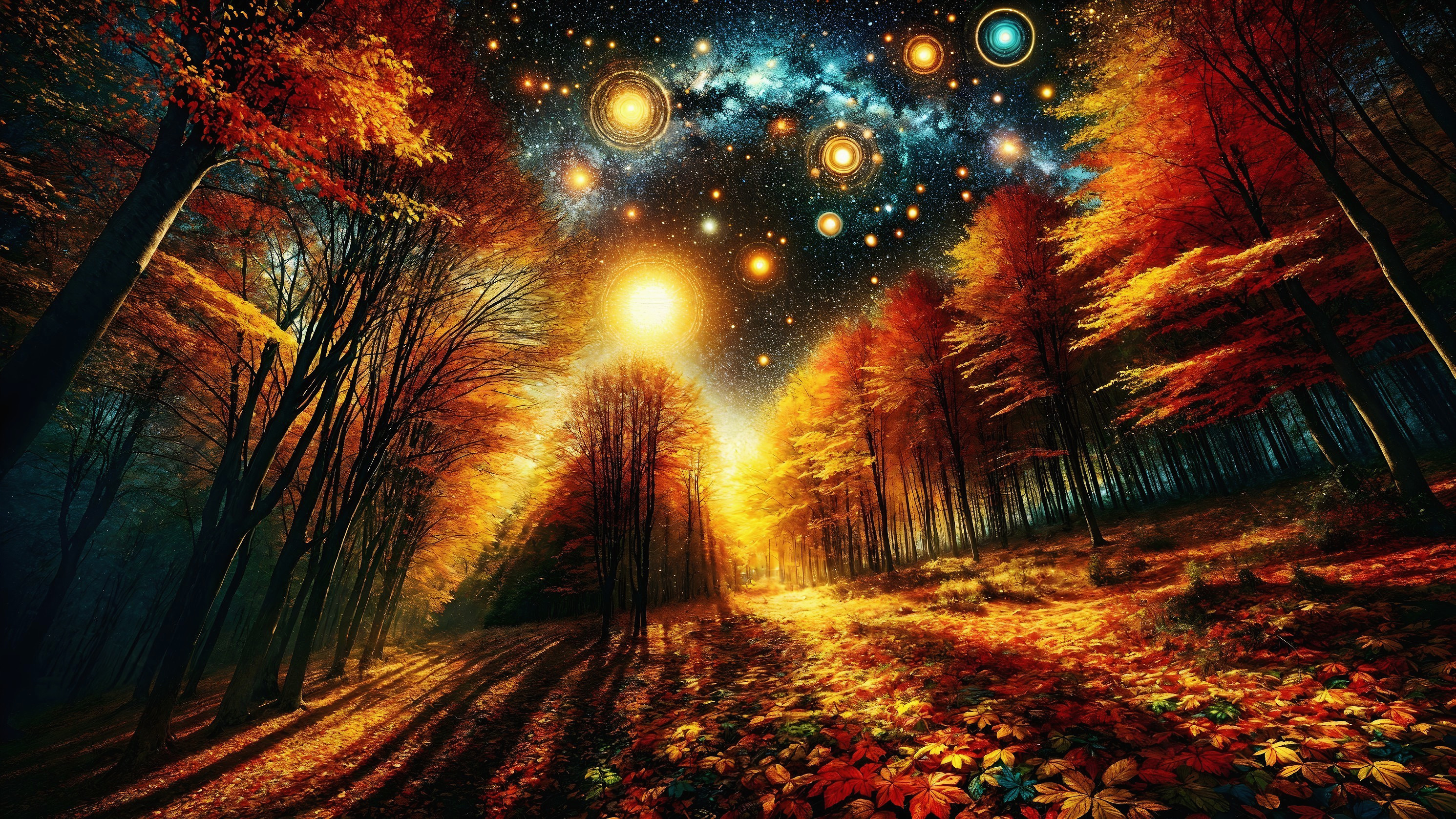 Autumn Forest with Cosmic Background and Colorful Foliage