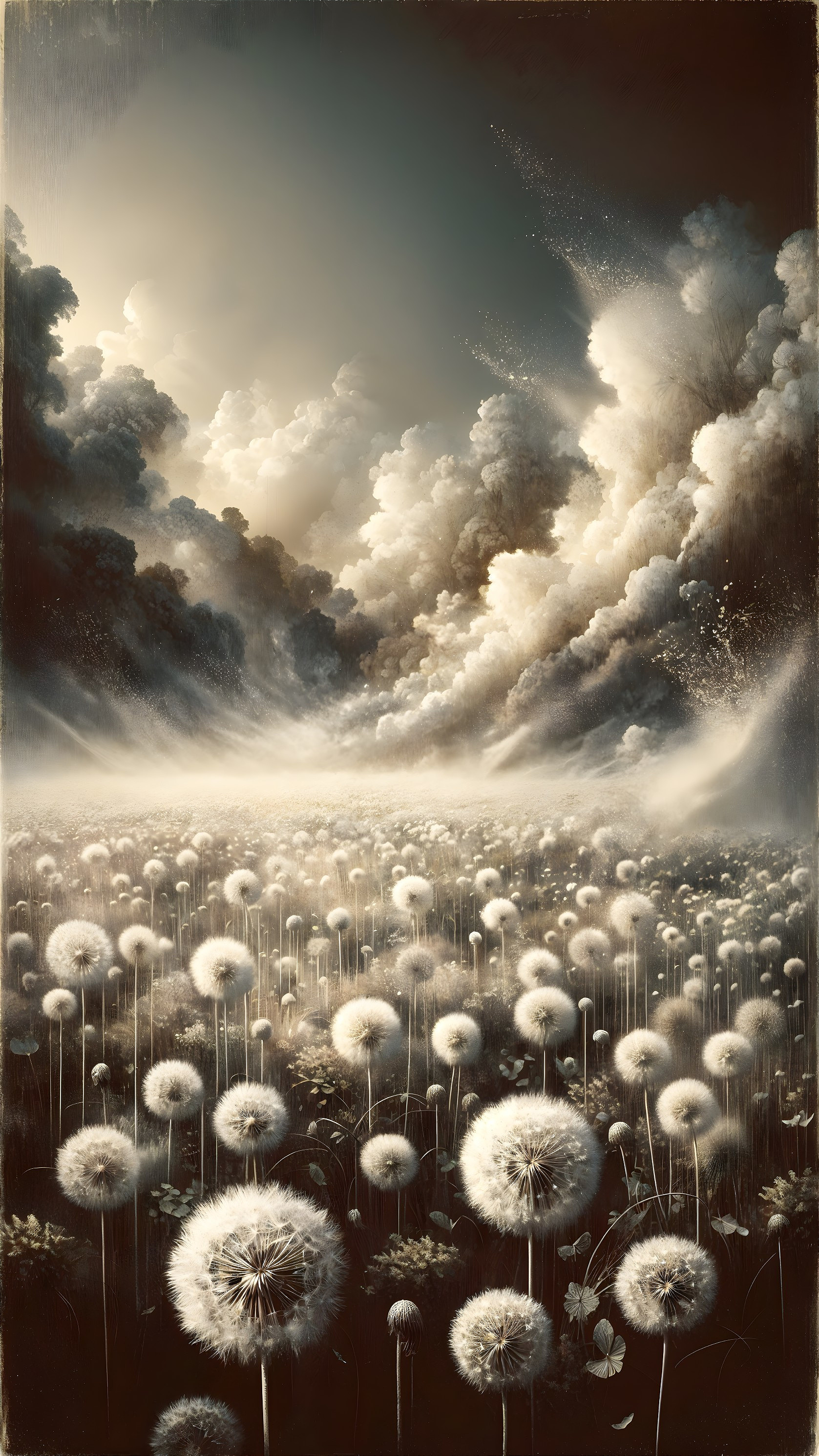 Serene Landscape with Dandelions and Towering Clouds