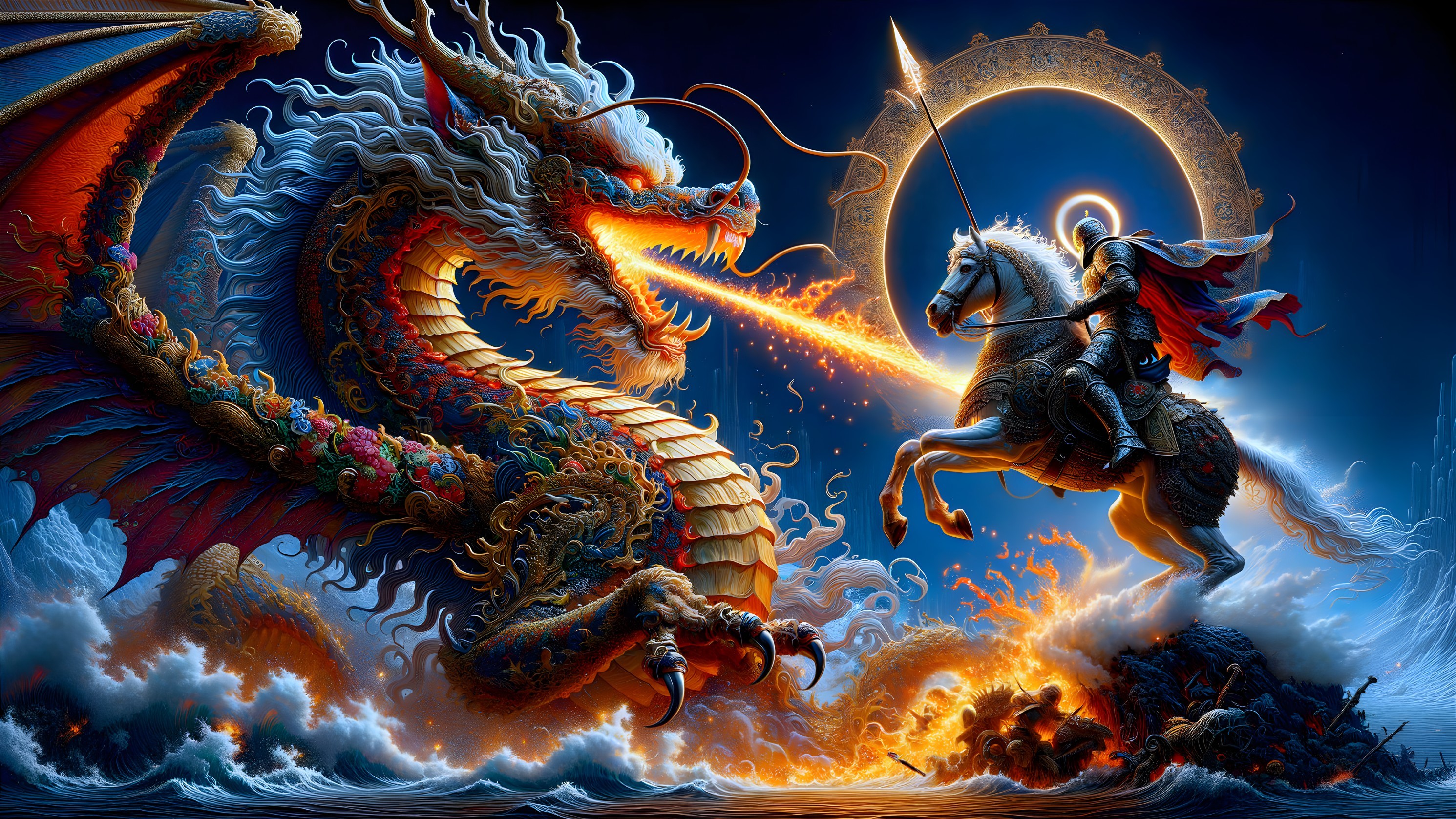 Dragon and Knight Battle in Dramatic Ocean Setting