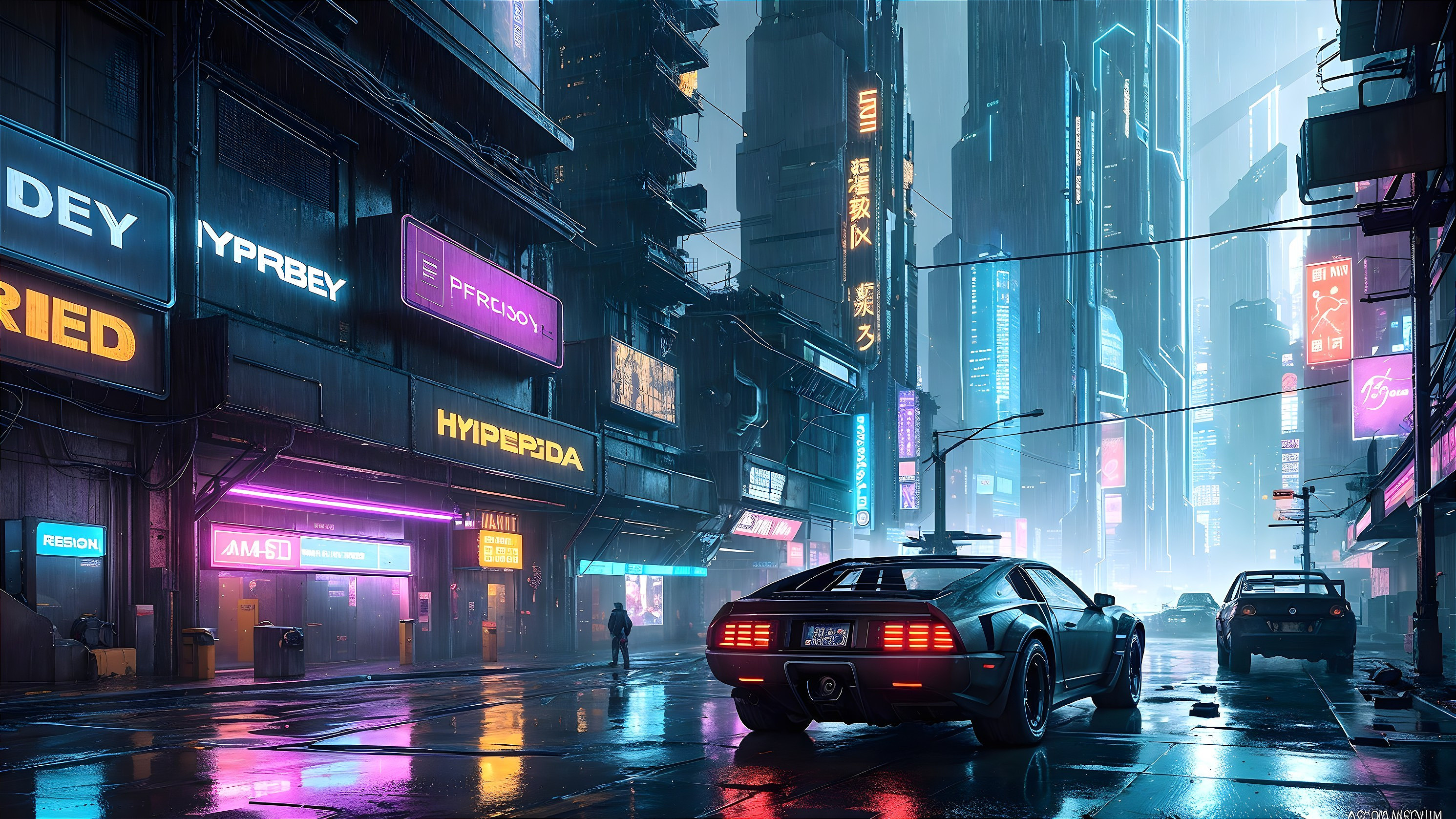 Futuristic cityscape with neon lights and skyscrapers