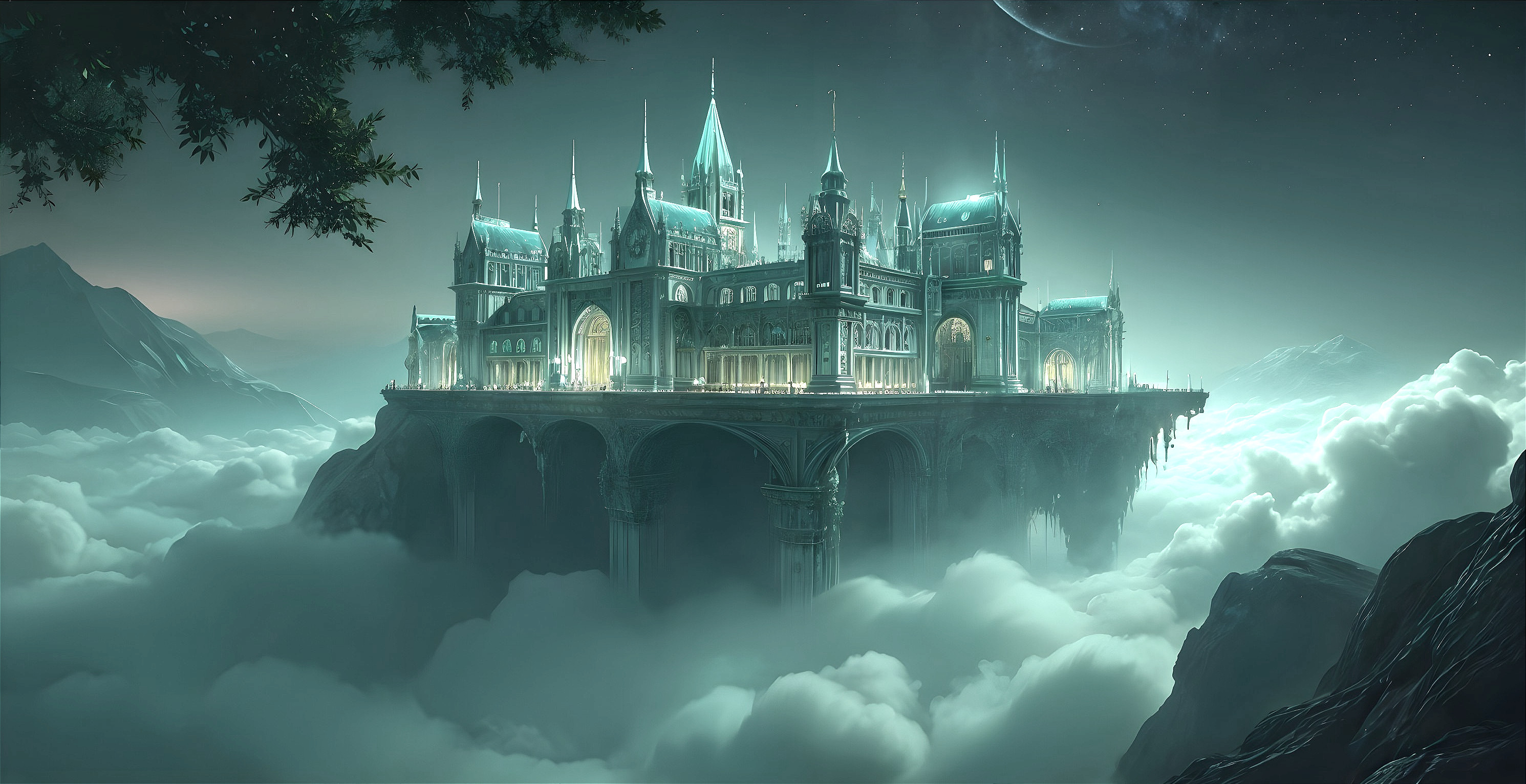 Majestic castle above clouds with turquoise light