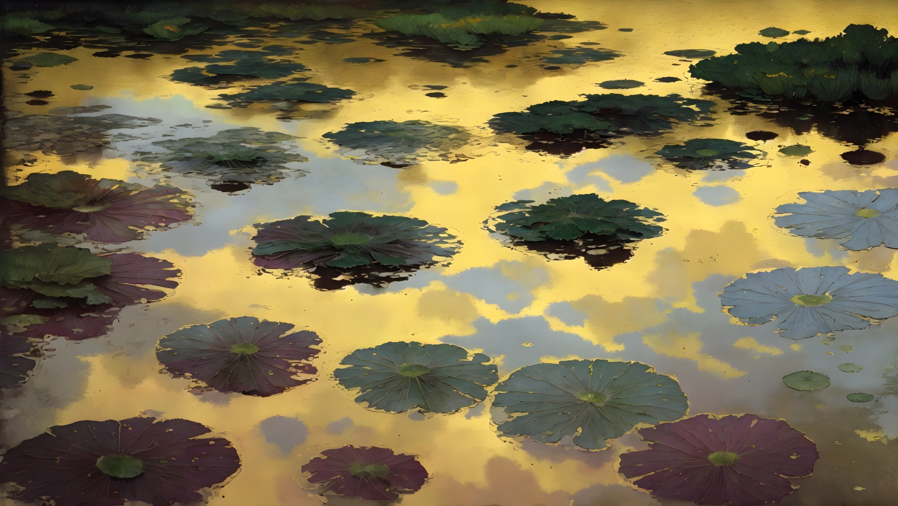 Tranquil pond scene with lily pads under golden light