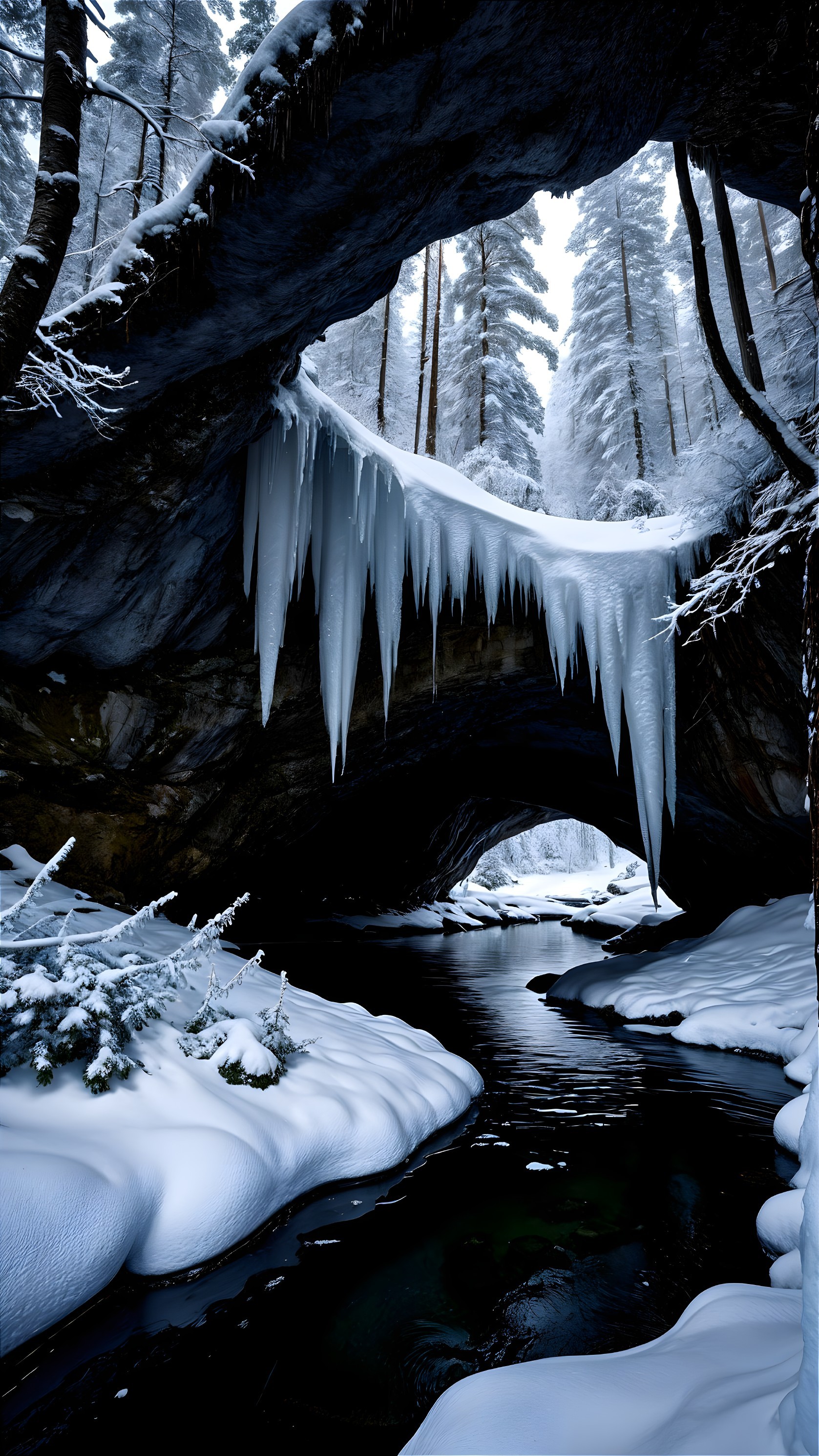 Winter Landscape with Cave and Snow-Covered Trees