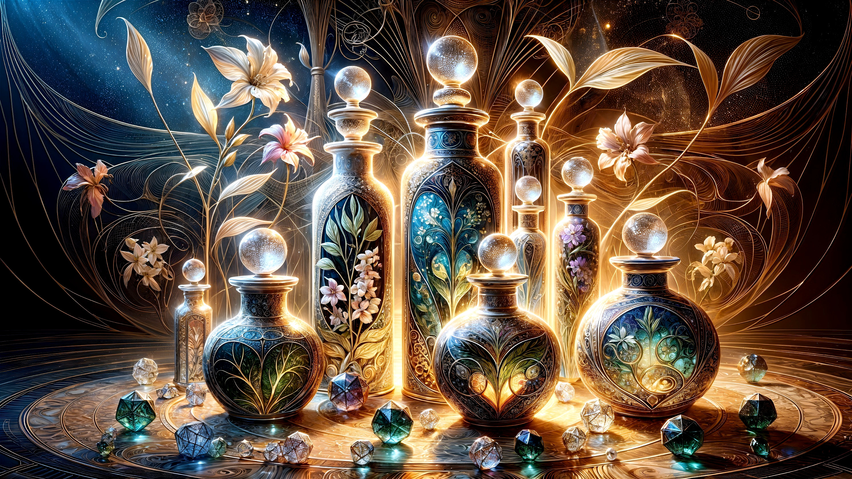 Intricately Designed Glass Bottles with Floral Patterns
