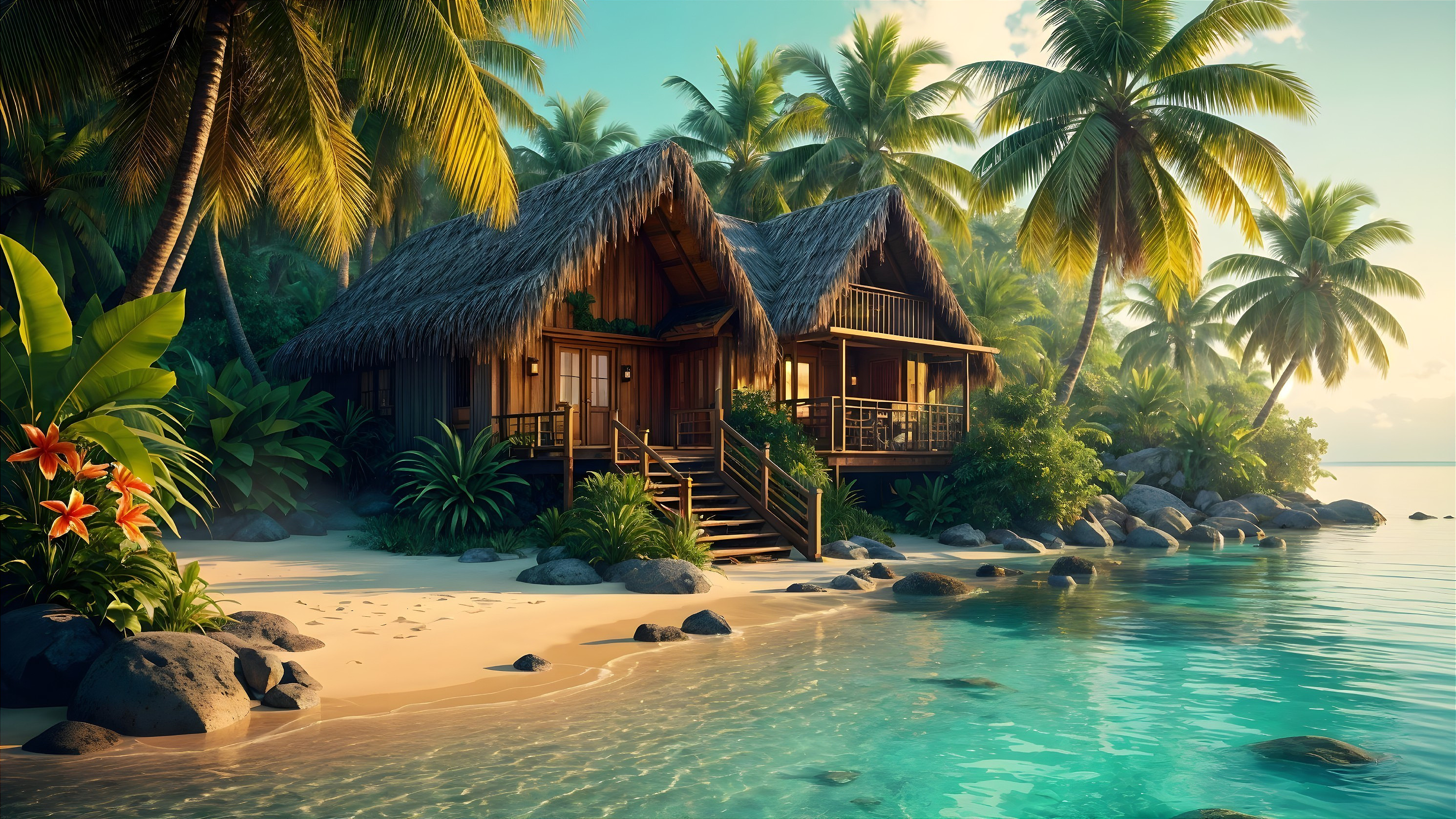 Tropical Bungalow Surrounded by Palm Trees and Beach