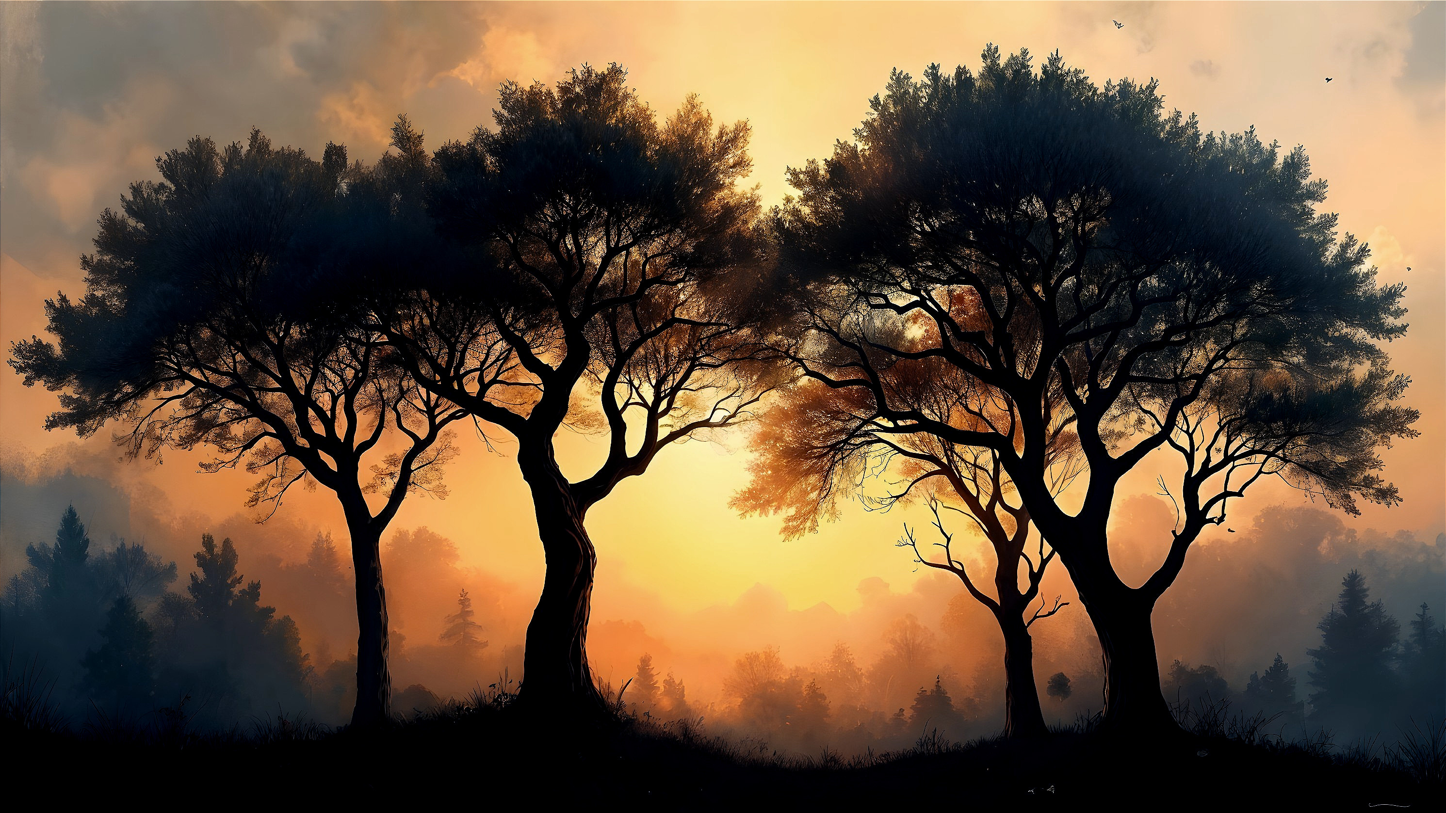 Three Trees Silhouetted Against a Vibrant Sunset