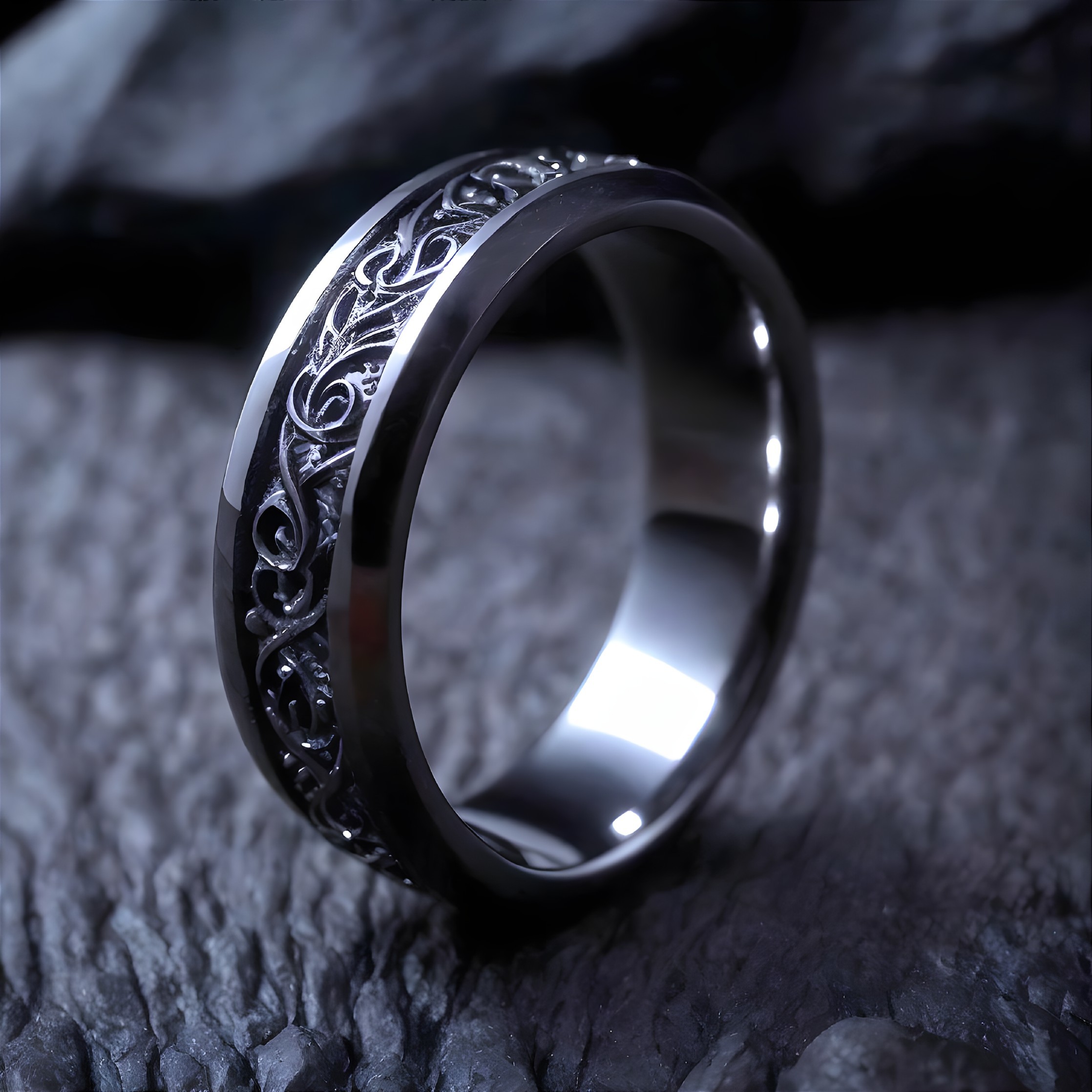 Polished silver wedding band with floral engravings
