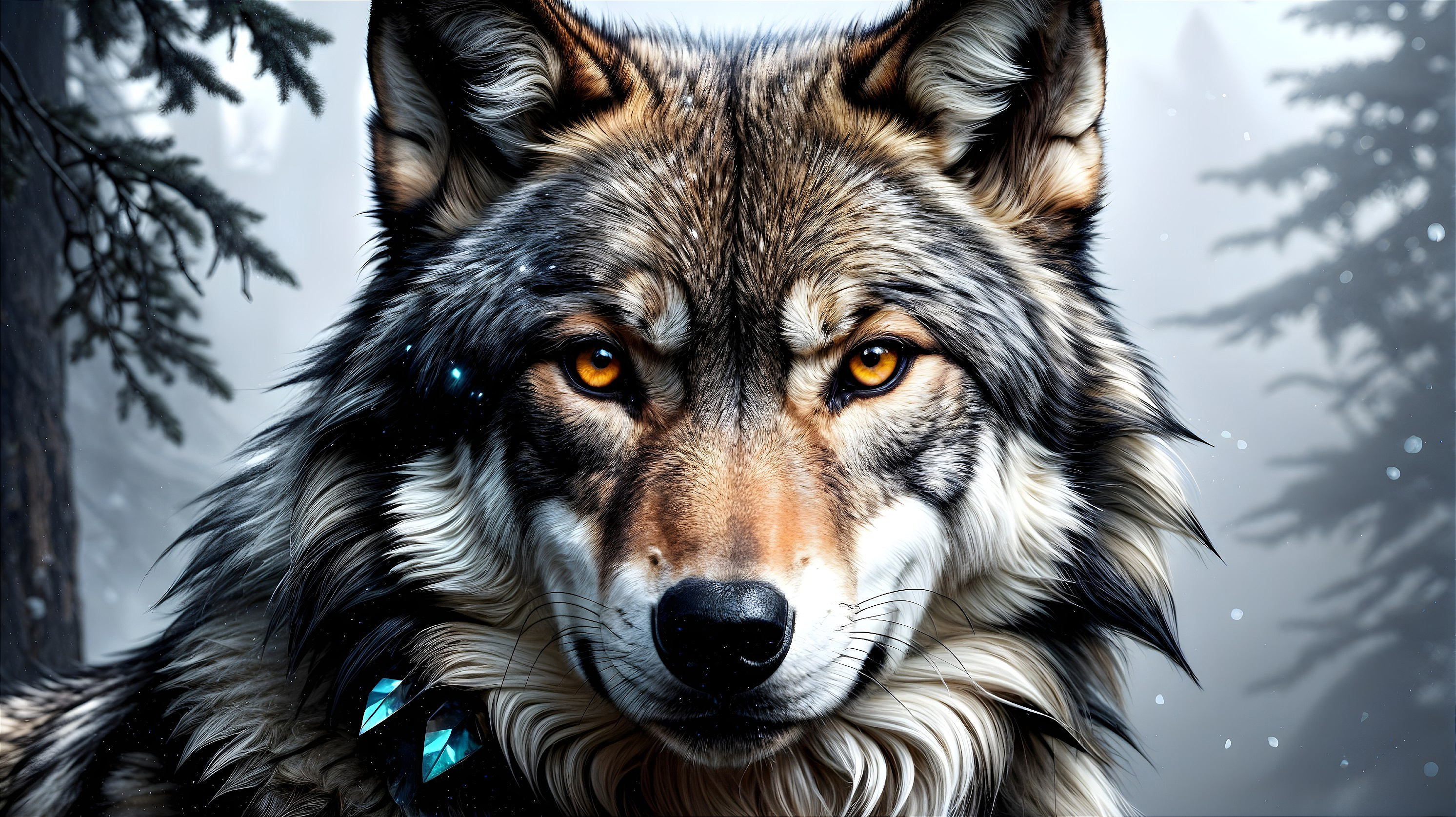 Close-up of a majestic wolf in a misty forest
