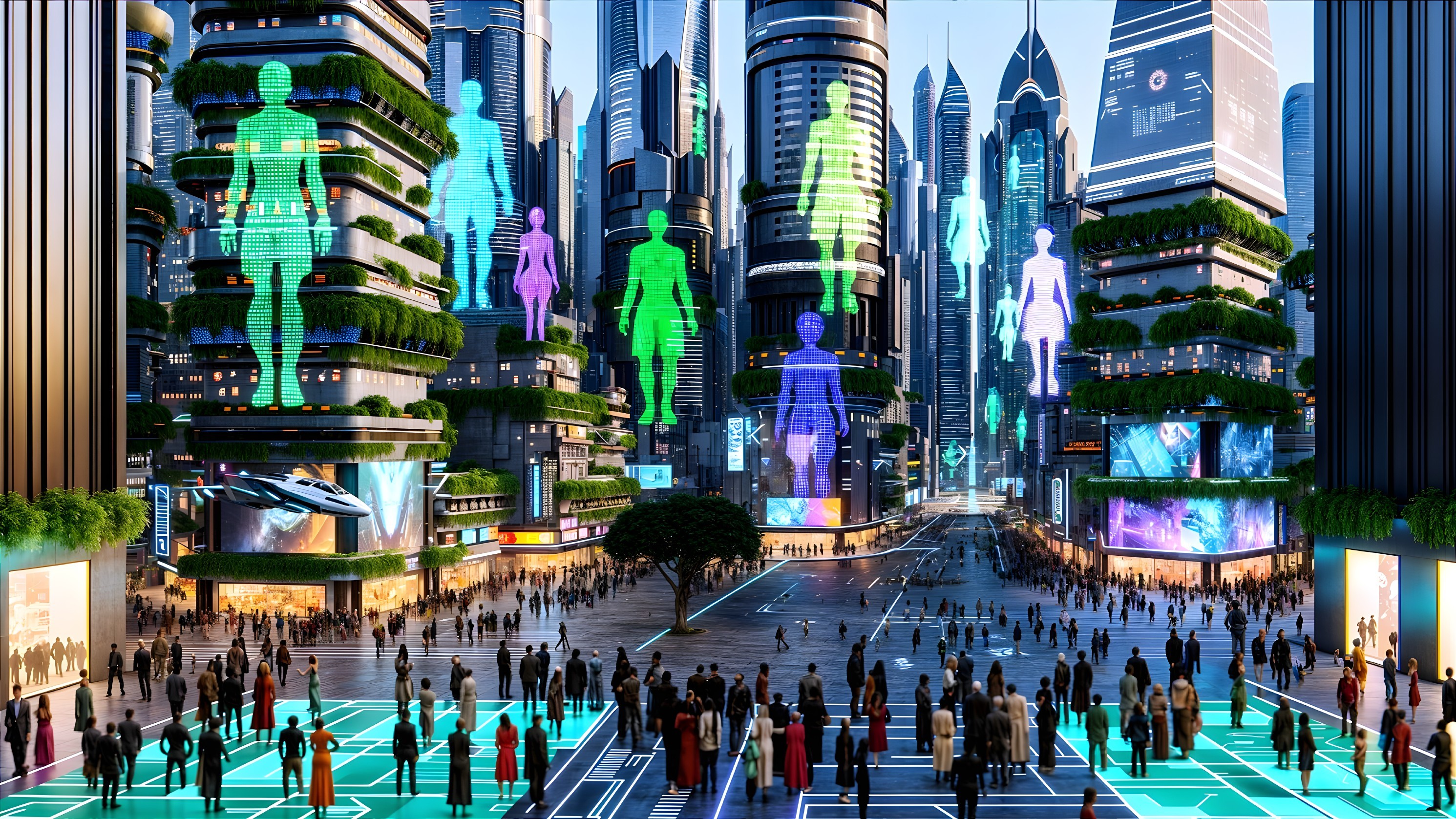 Futuristic cityscape with greenery and holographic figures