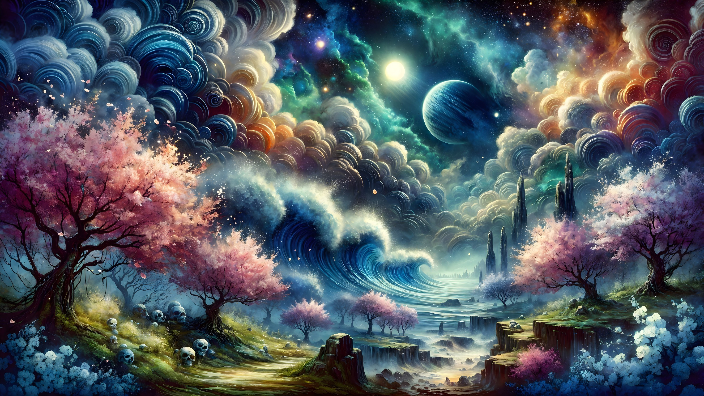 Vibrant Landscape with Swirling Clouds and Planets