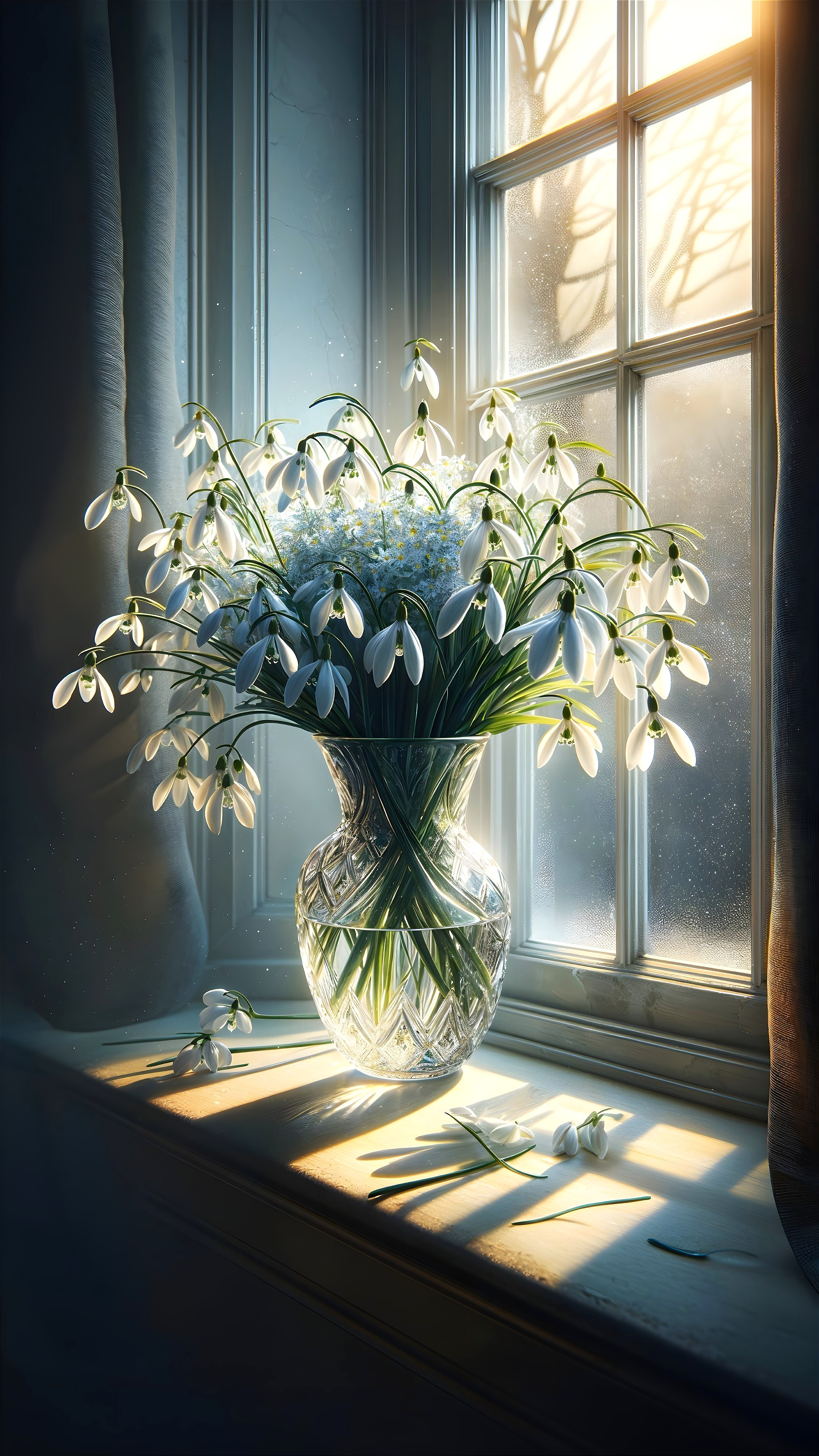 Freshly Cut Snowdrop Flowers in Crystal Vase