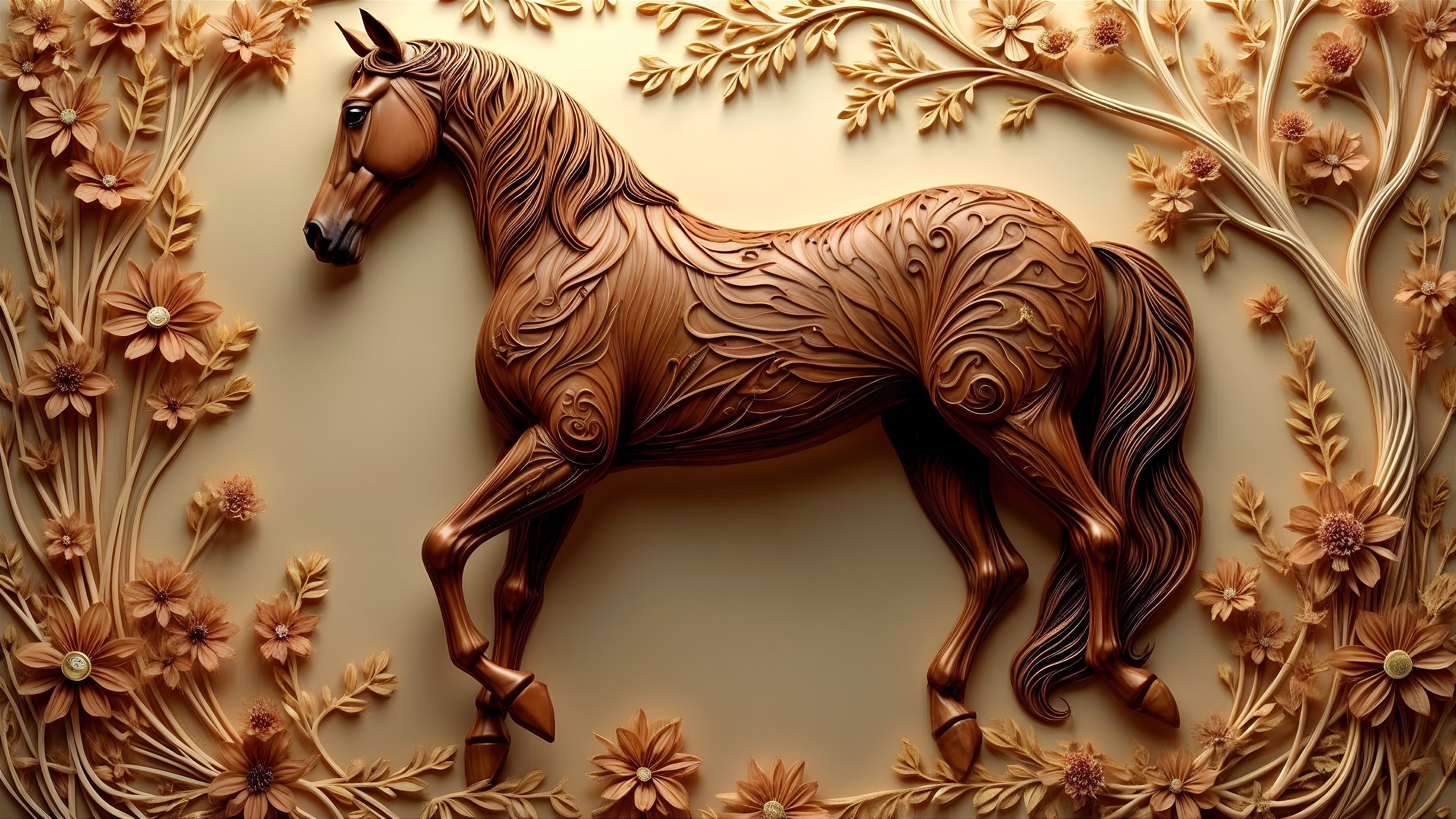 Intricately Designed Horse Sculpture with Floral Background