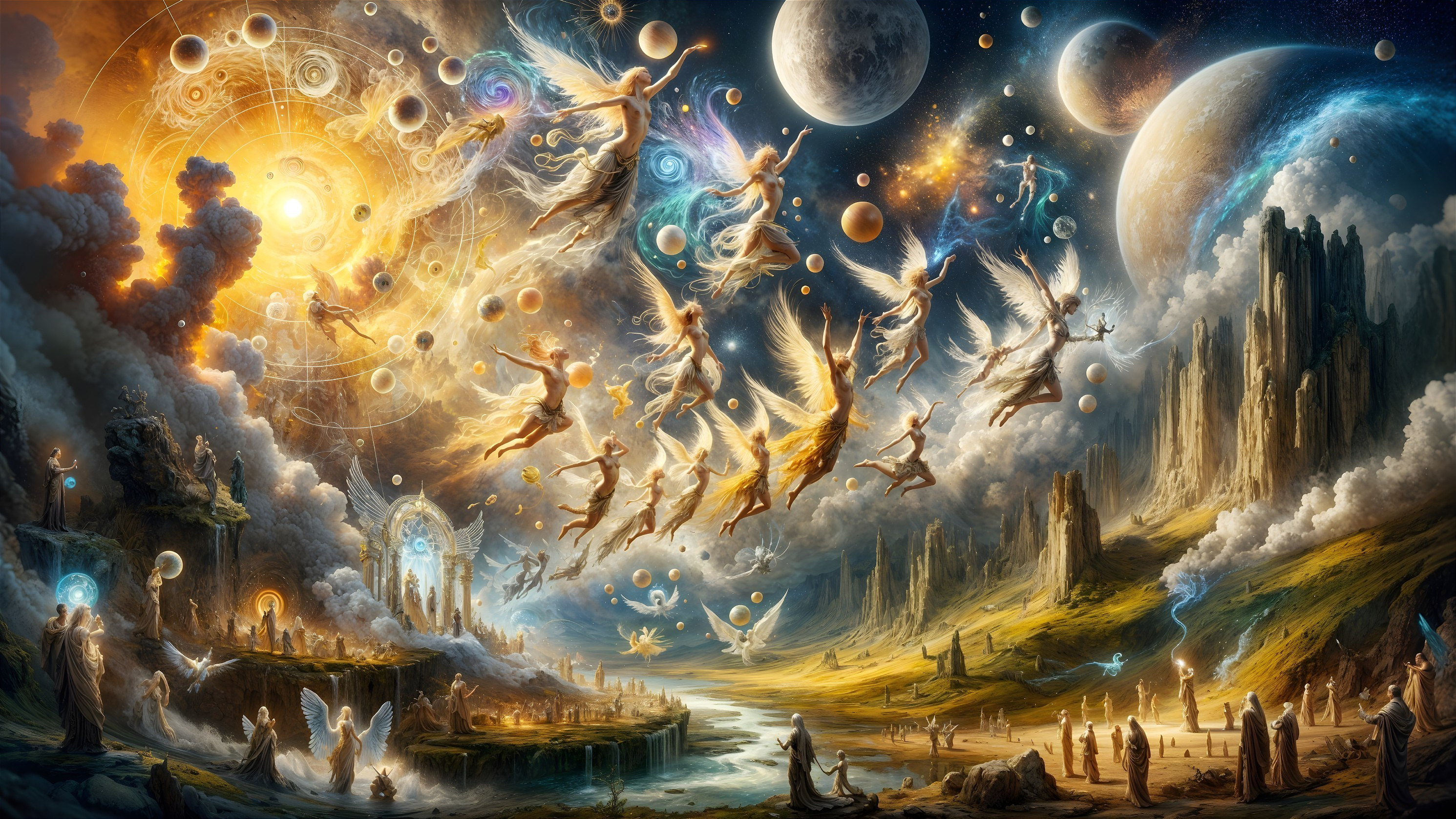 Vibrant Cosmic Scene with Ethereal Beings and Landscapes
