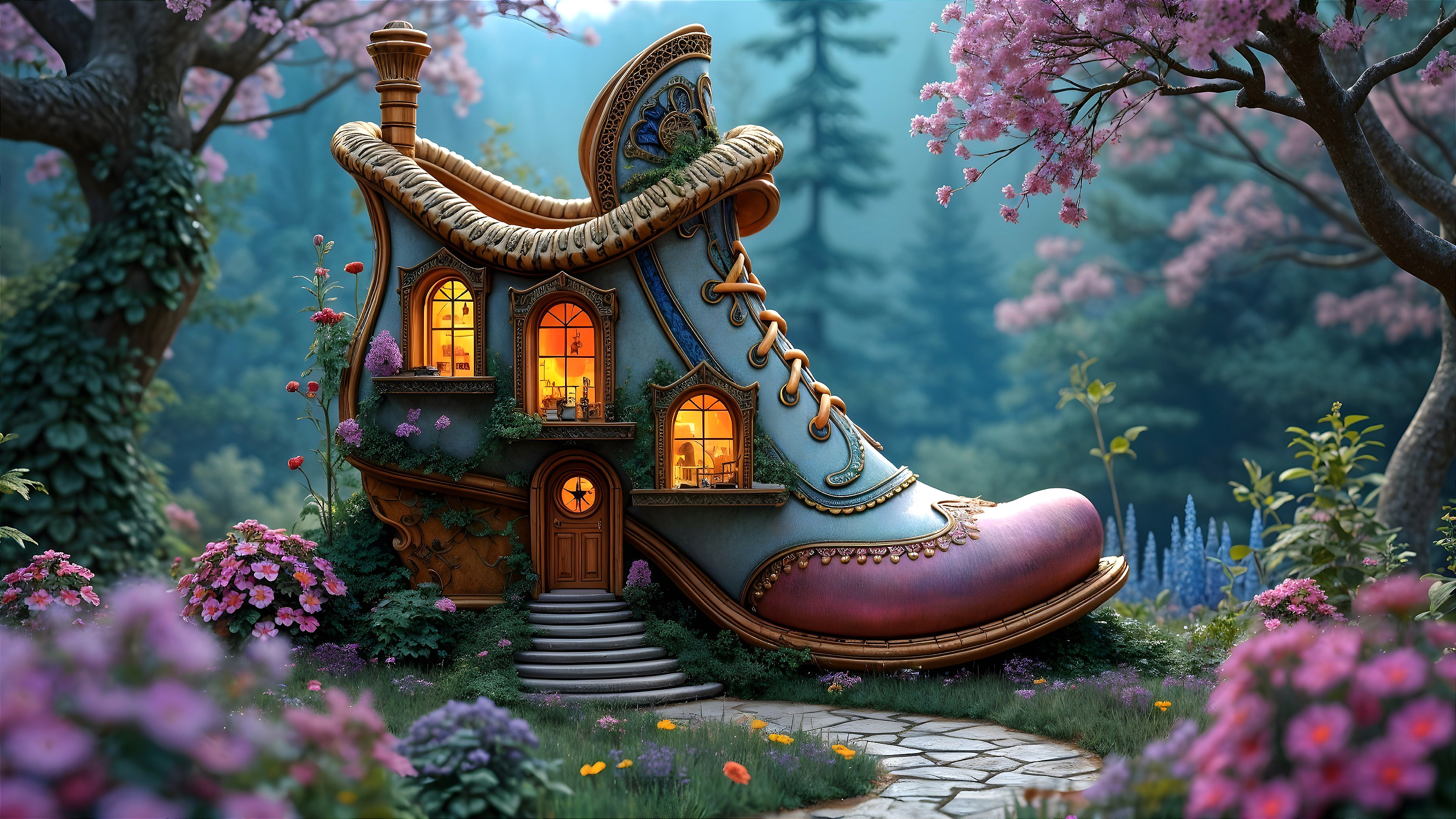 Whimsical Shoe-Shaped House Surrounded by Flowers