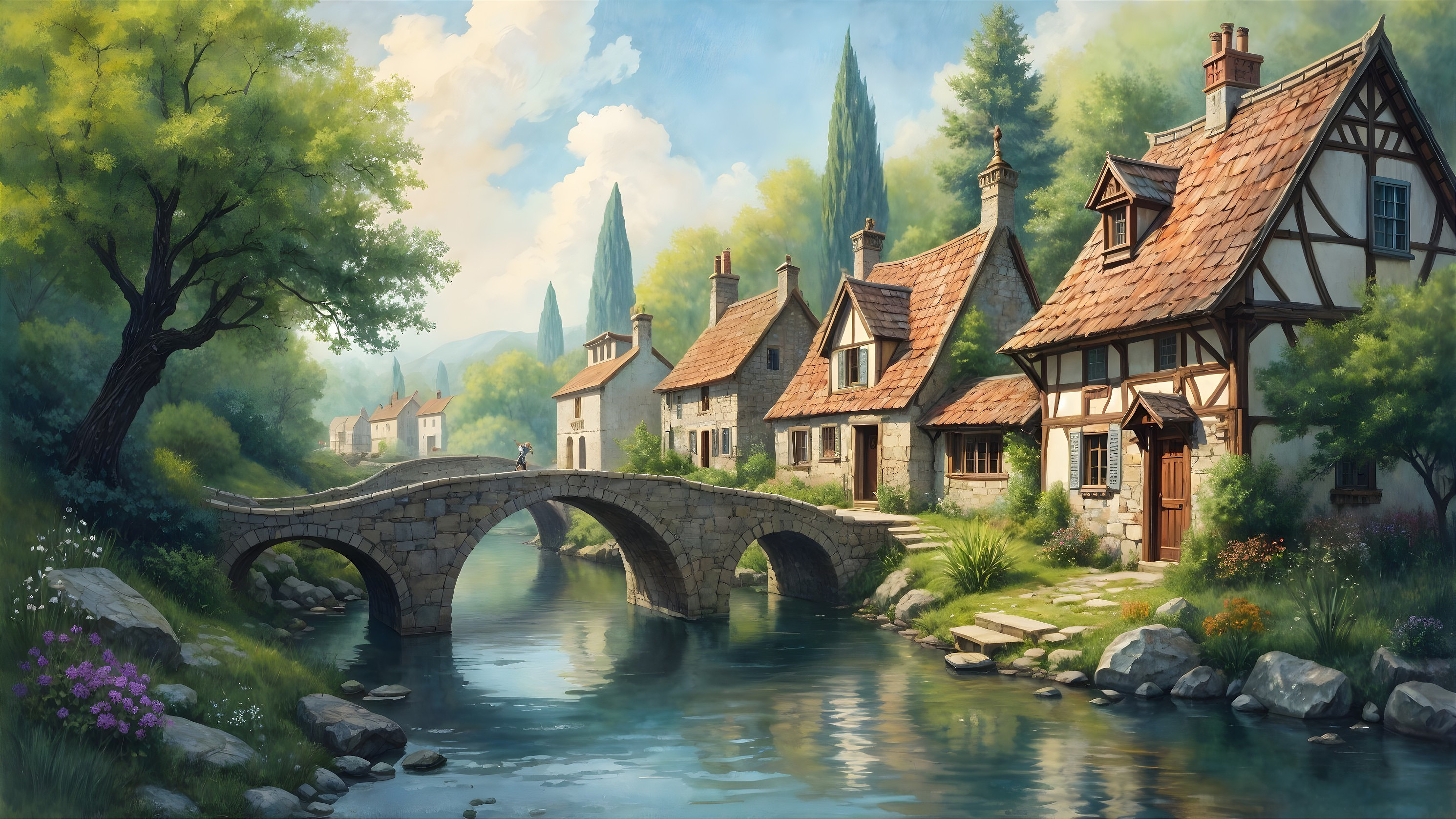 Charming Village Scene with Cottages and River