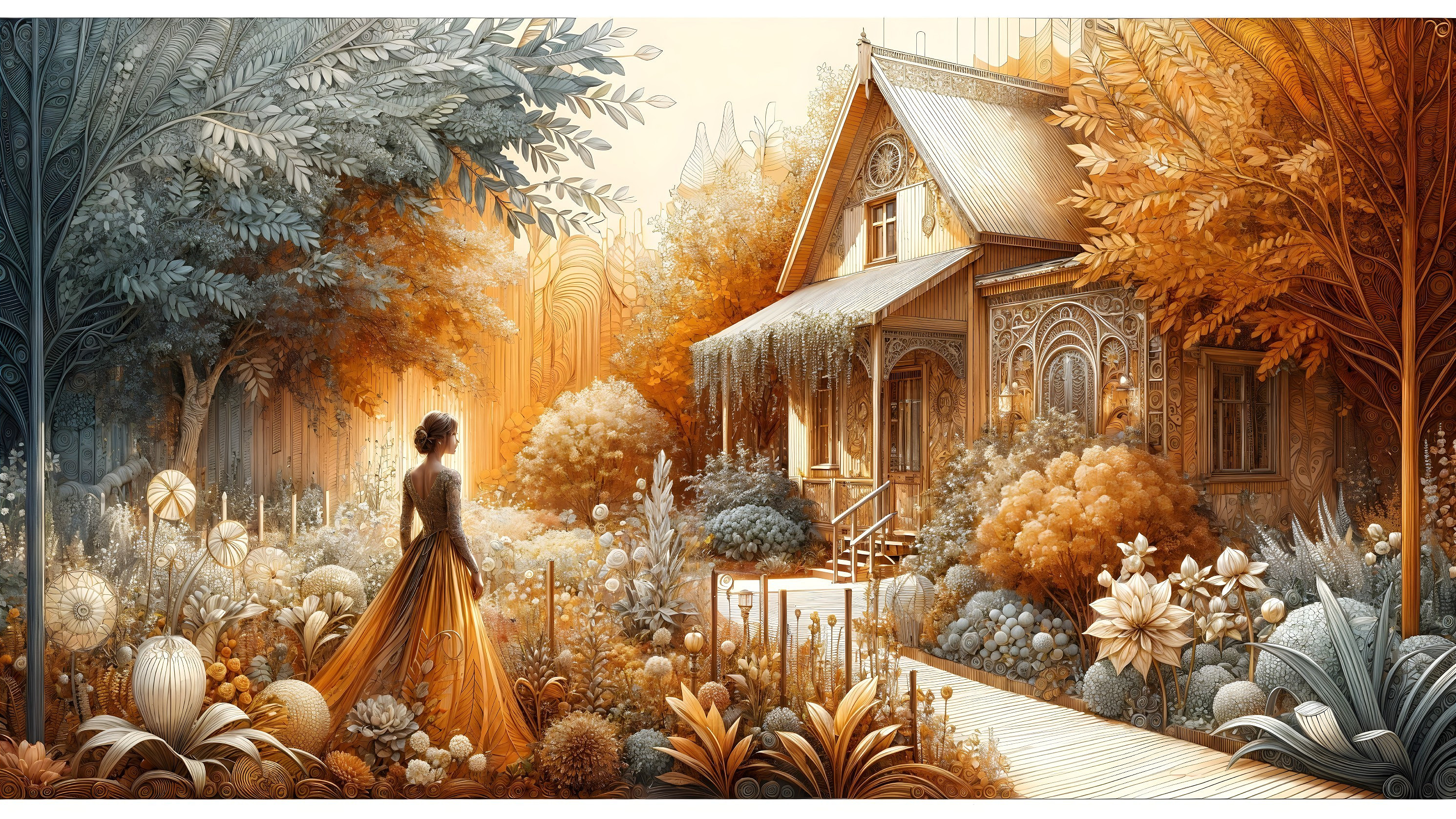 Lone Figure by Quaint House in Autumn Garden Scene