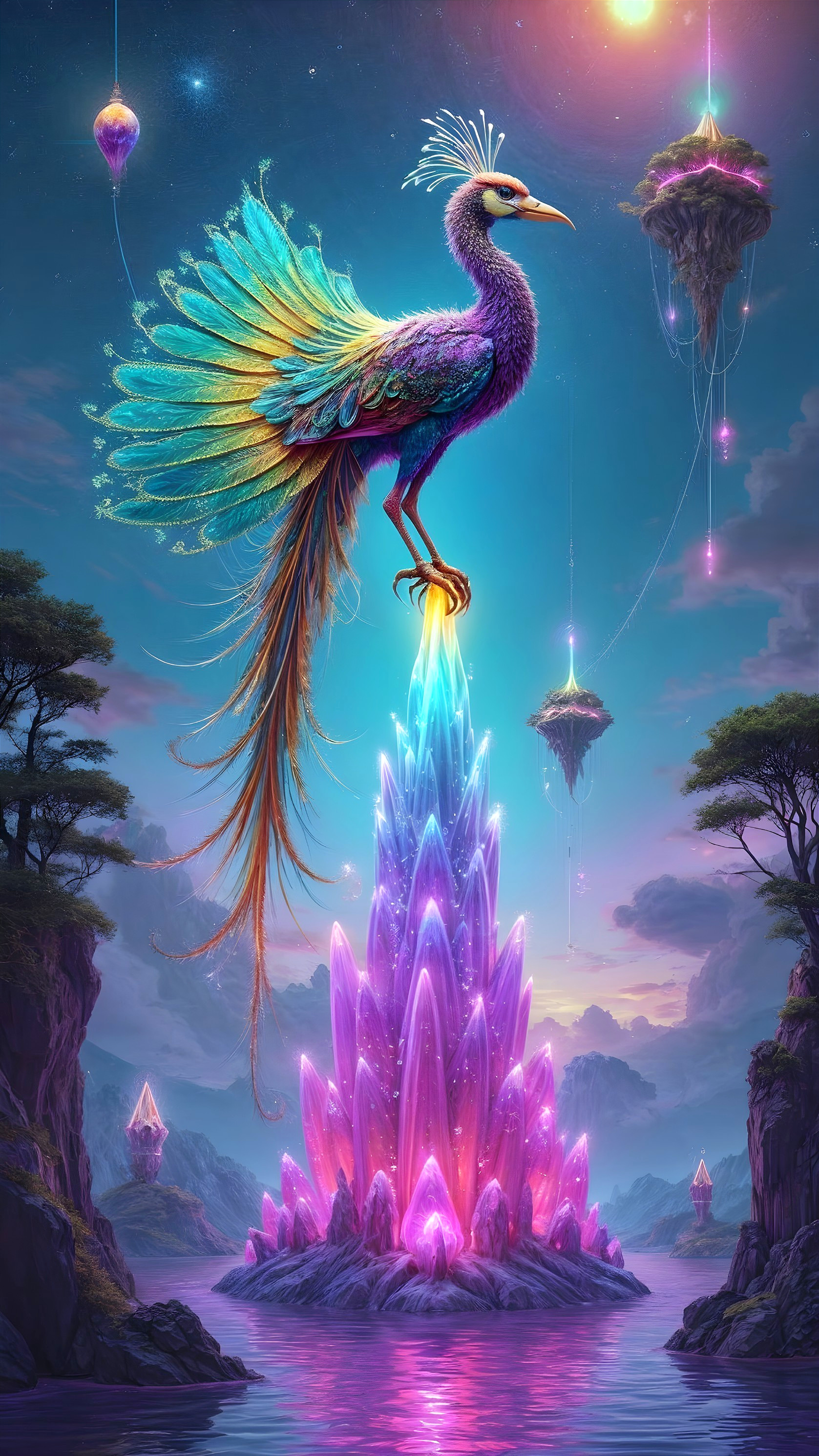 Majestic peacock on crystal formation with floating islands