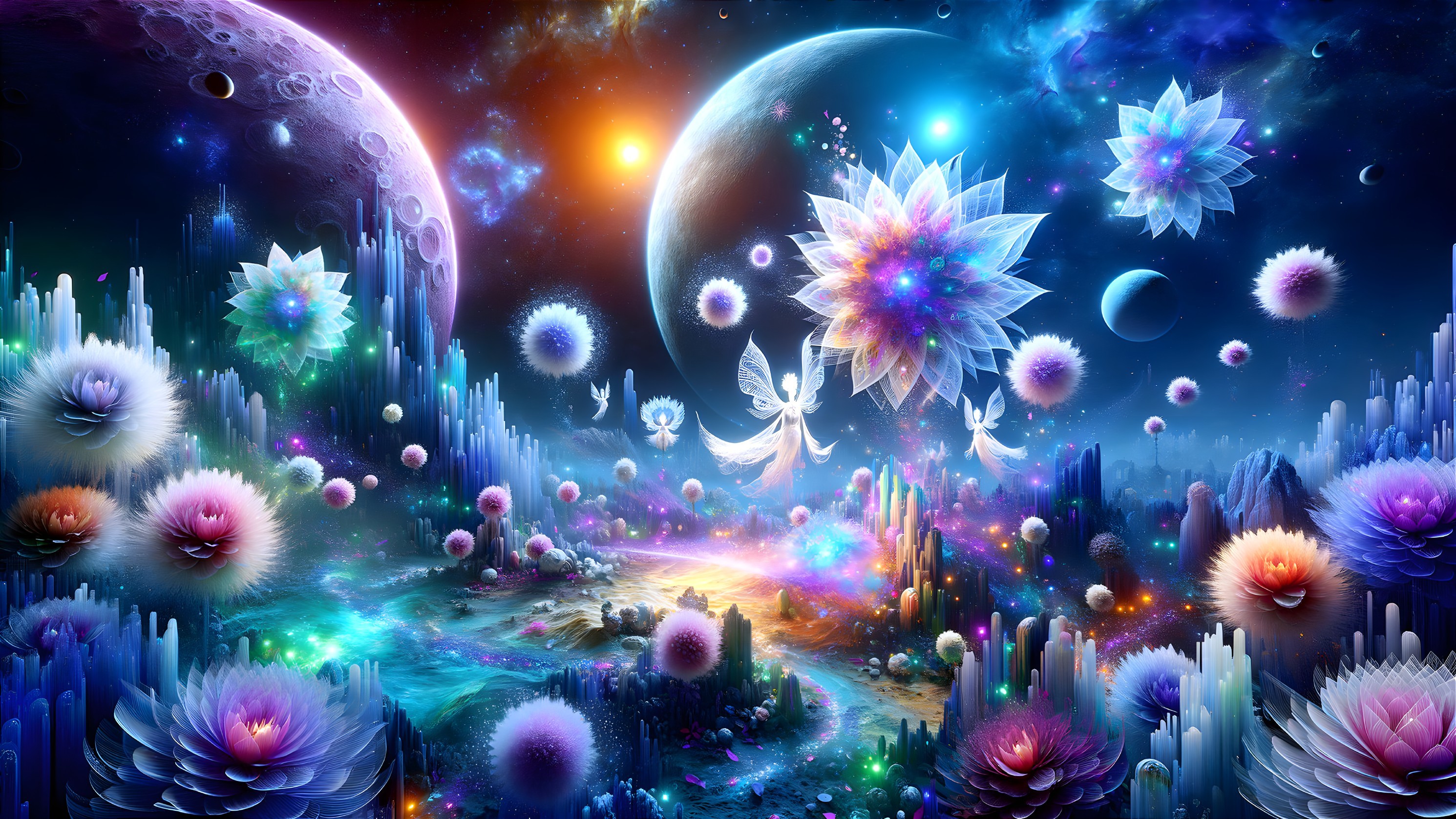 Vibrant Cosmic Scene with Luminescent Flowers and Orbs