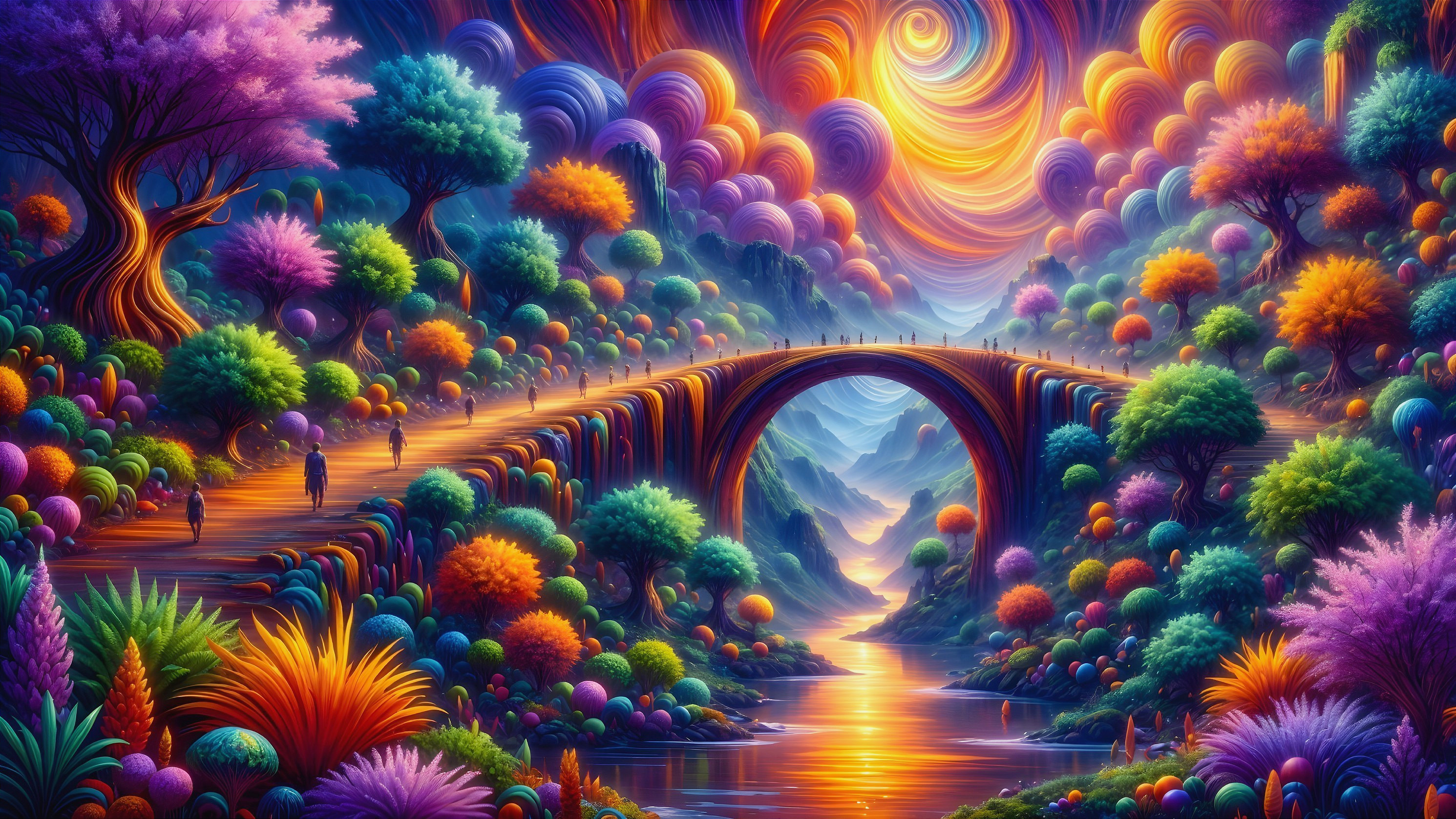 Whimsical Bridge Over Serene River in Vibrant Landscape