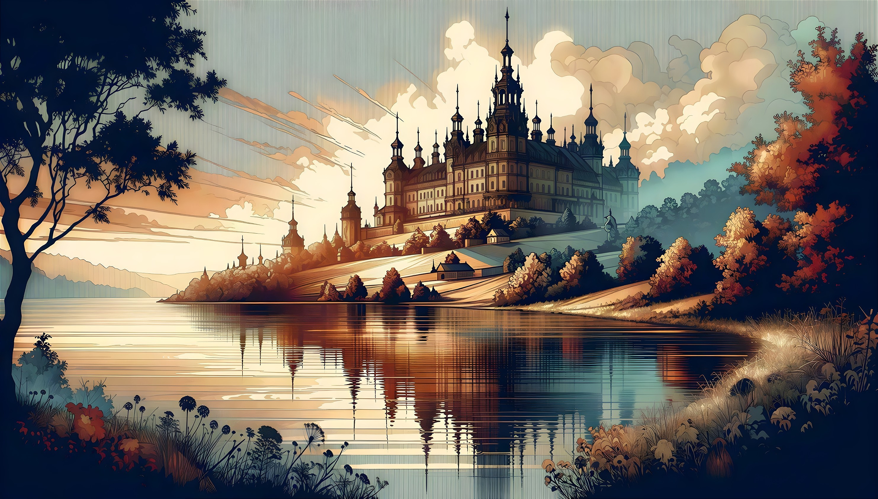 Impressionistic Landscape with Castle at Sunset