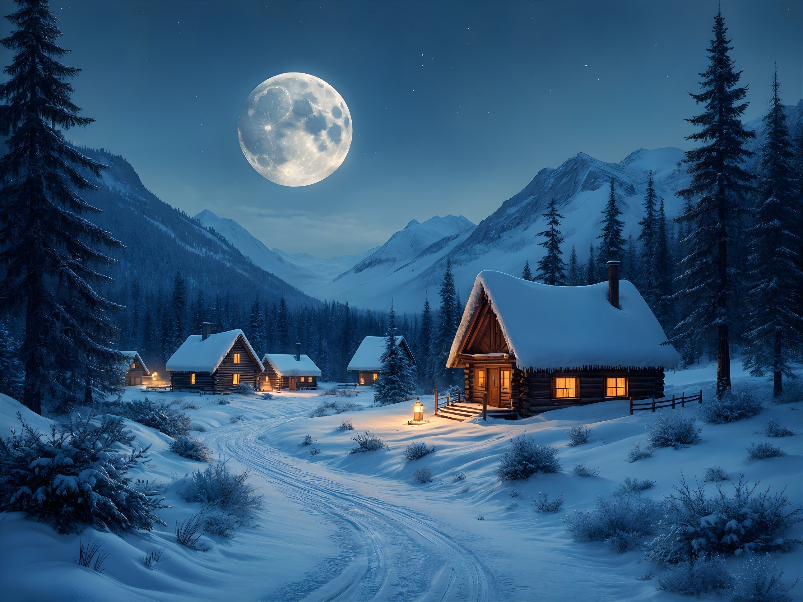 Winter Landscape with Log Cabins and Snowy Pines