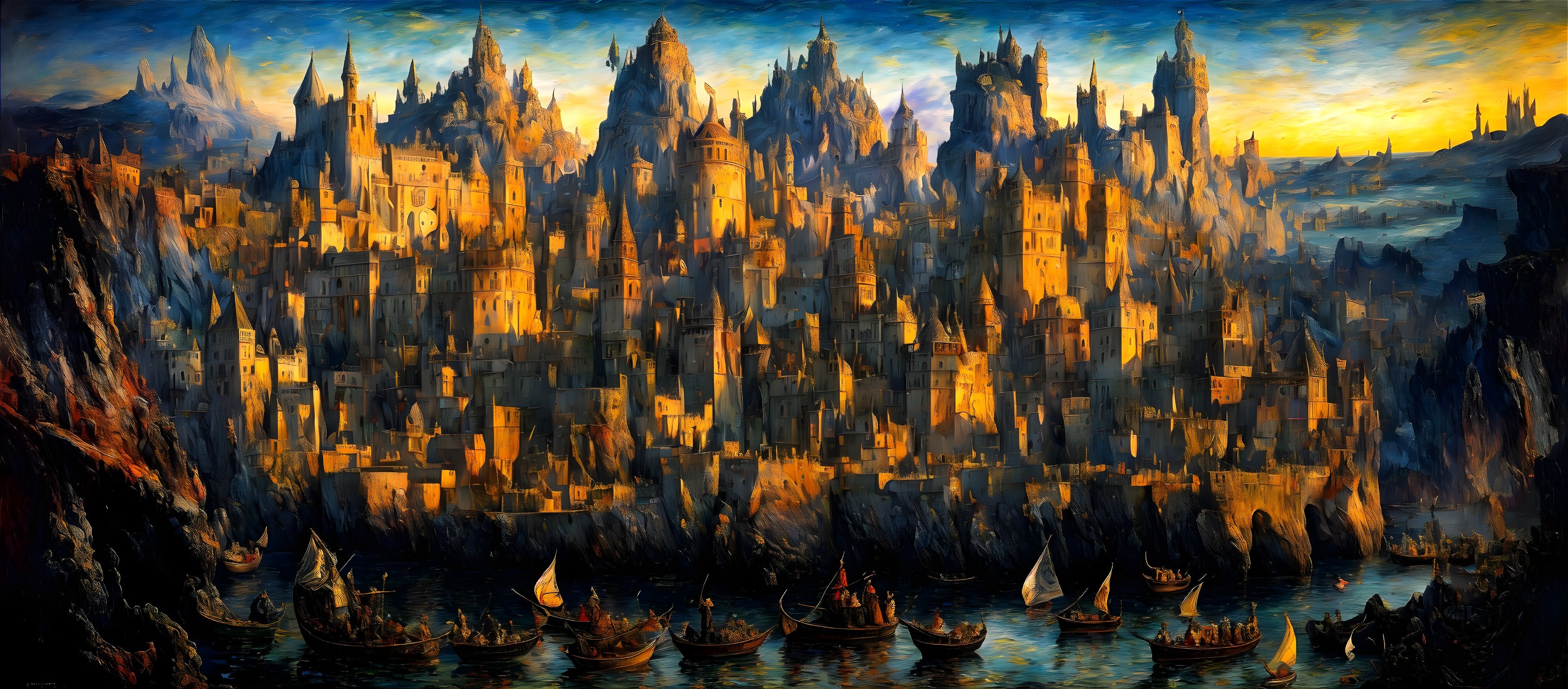 Golden-hued cityscape with towering spires by the water under dramatic sky
