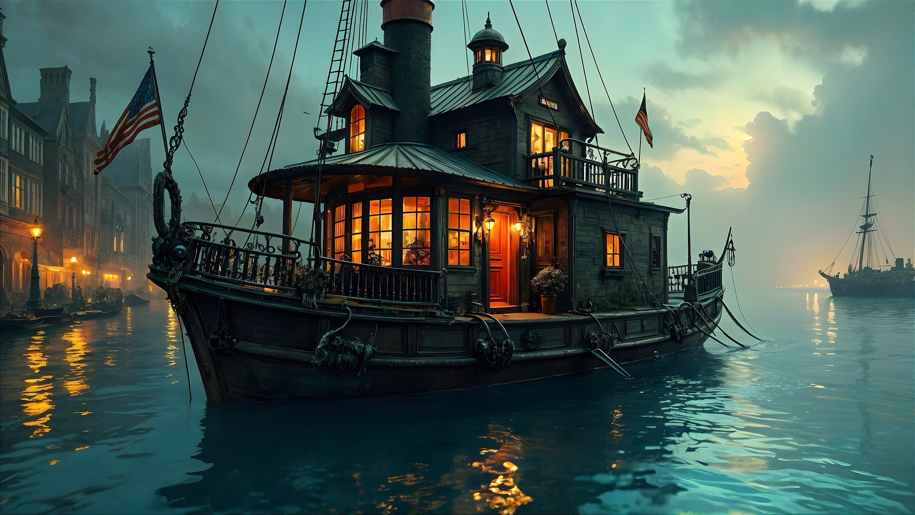 Rustic Houseboat Surrounded by Tranquil Waters