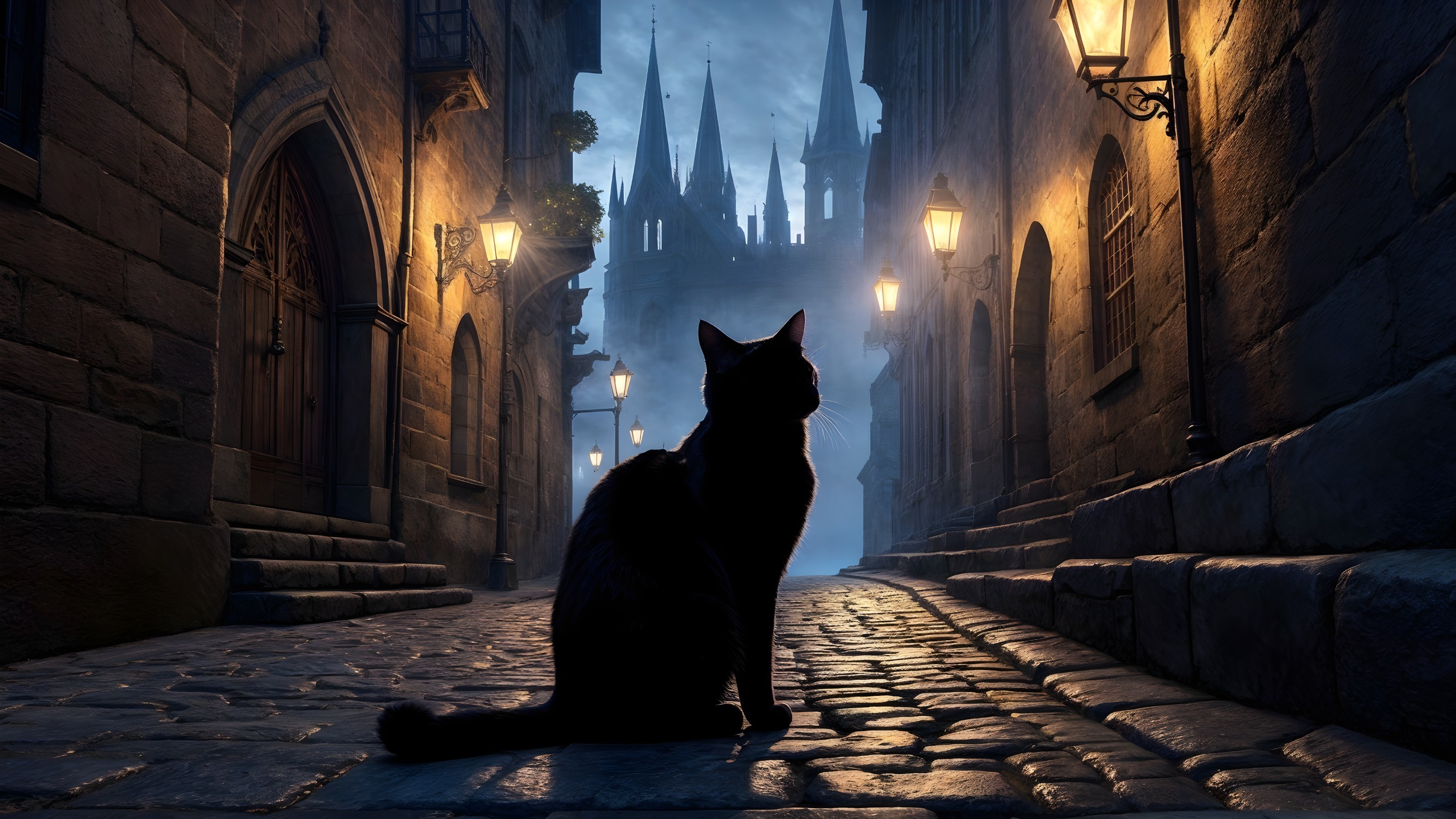 Black Cat in Dim Alley with Castle Silhouette