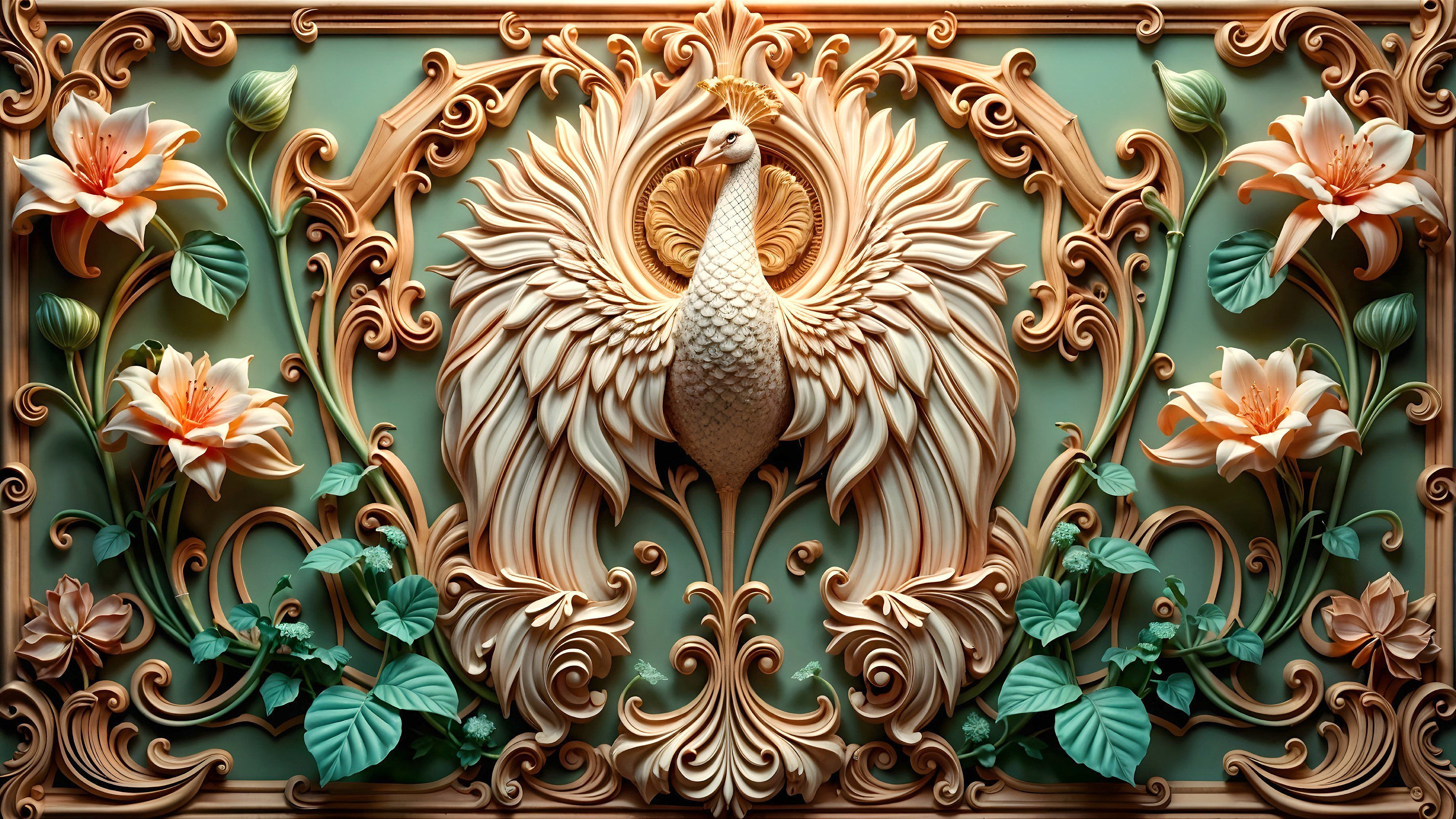Intricate Peacock Design with Floral Motifs and Colors