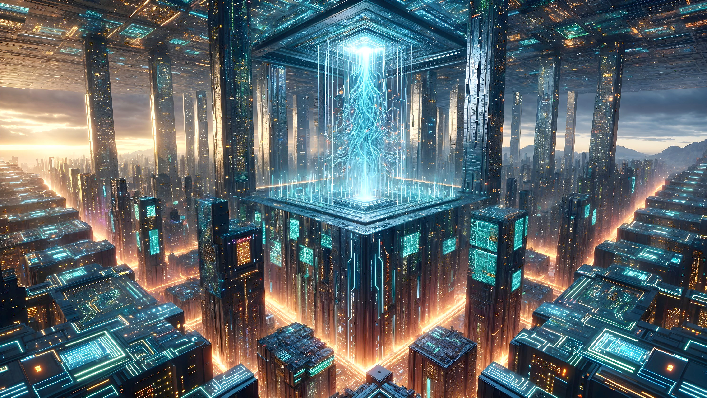Futuristic cityscape with neon lights and glowing cube