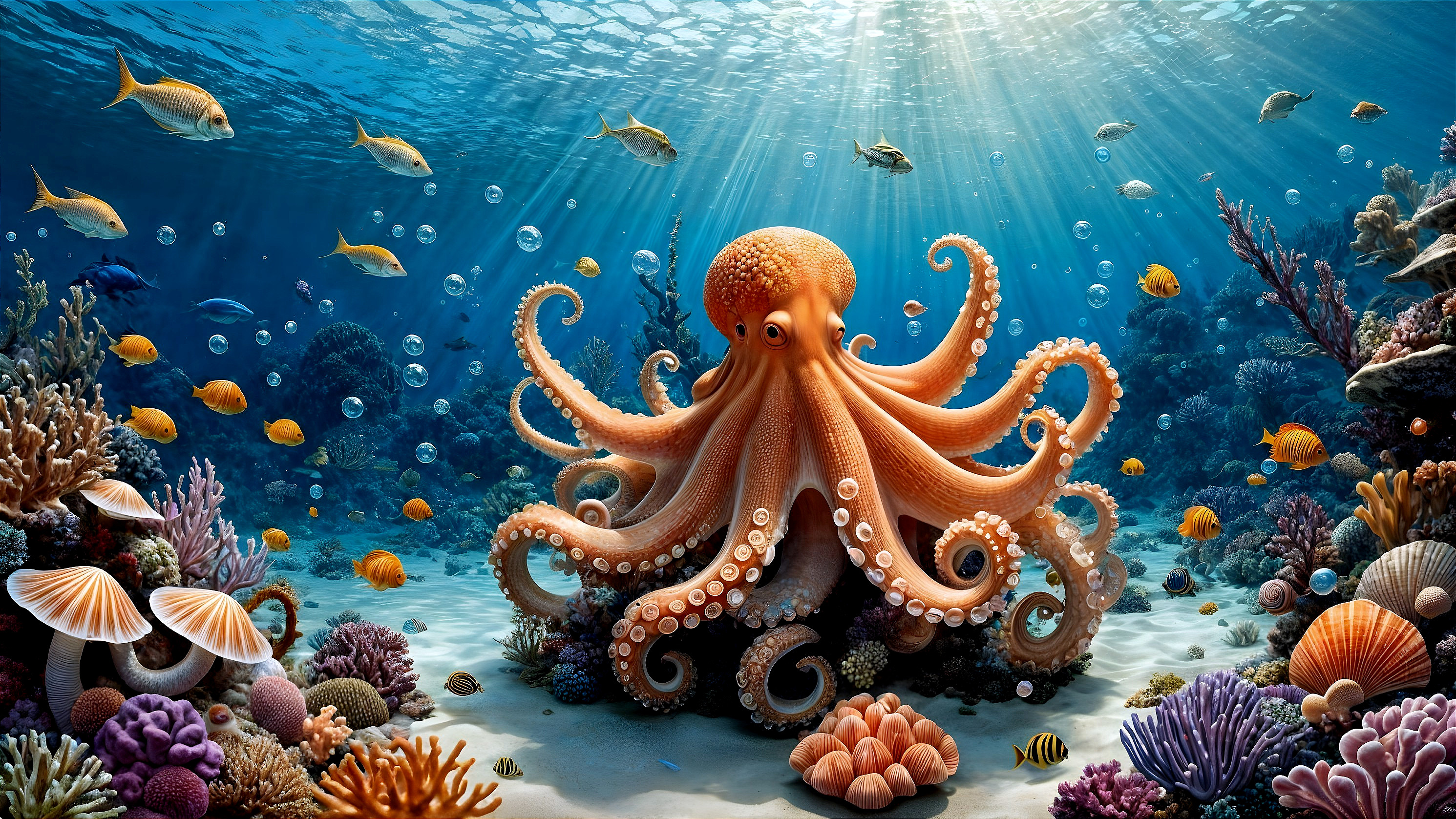 Vibrant Underwater Scene with Octopus and Coral Reefs