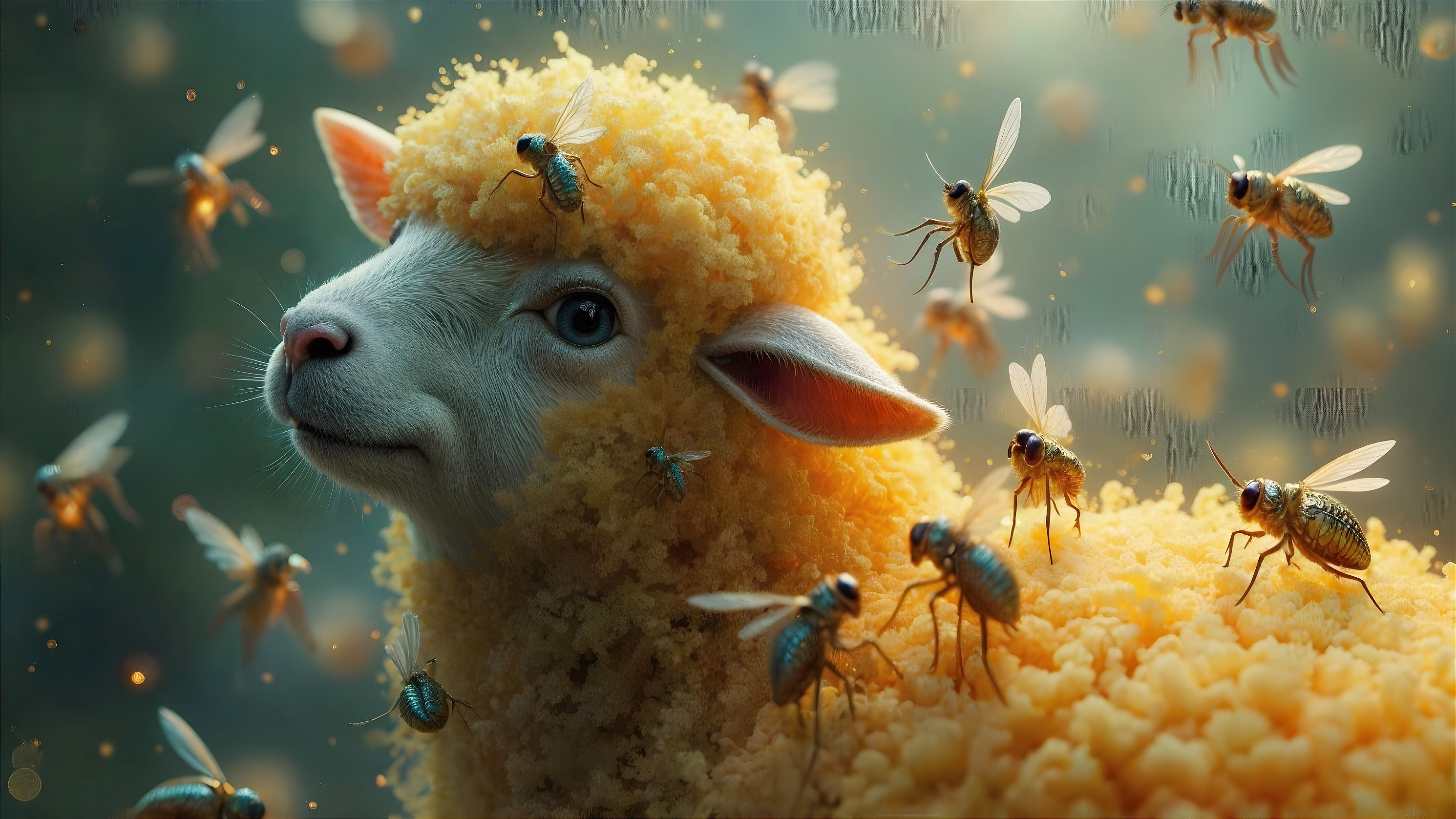 Whimsical Sheep with Yellow Coat and Buzzing Bees