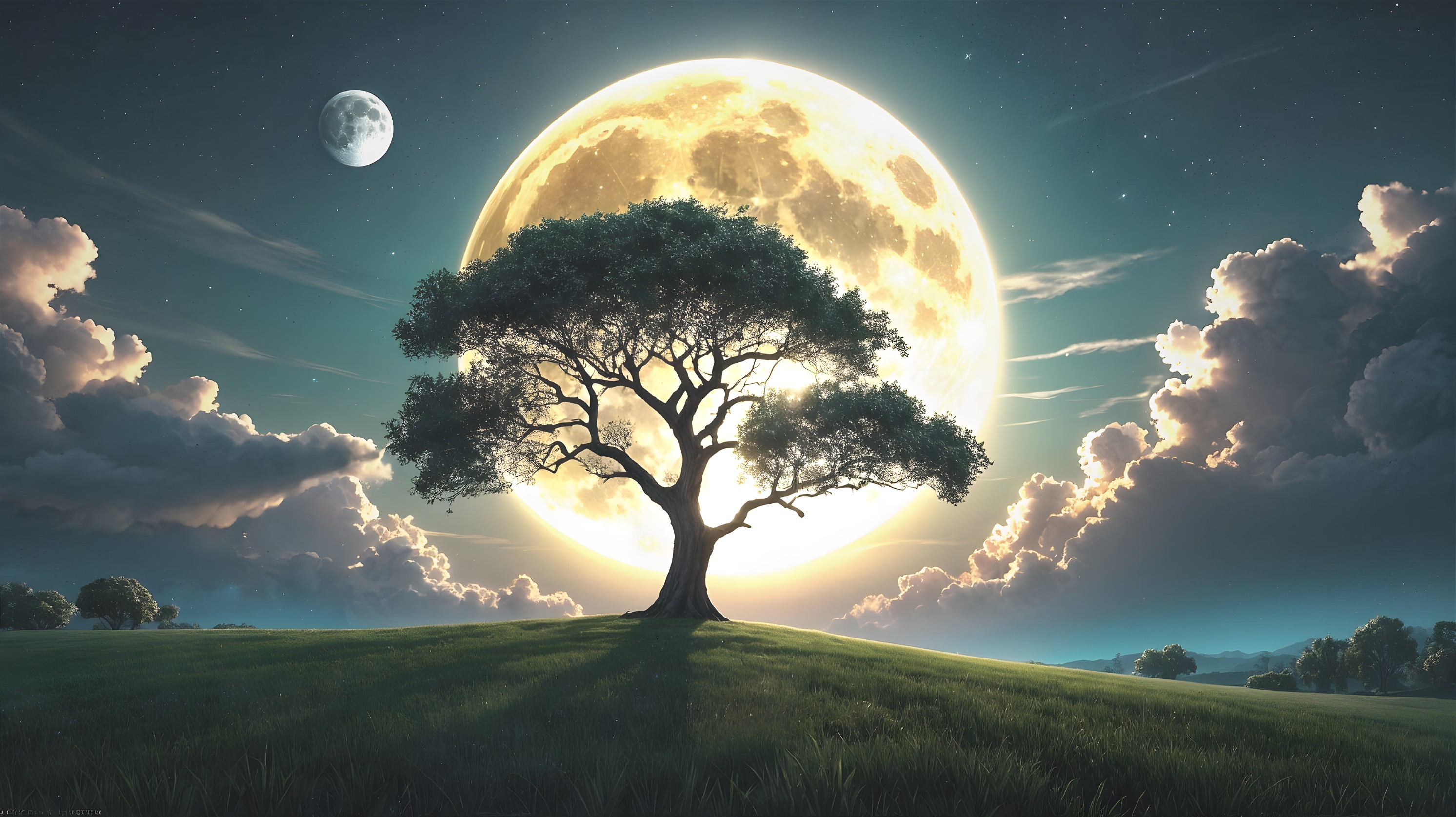 Majestic tree on a hill under a full moon backdrop