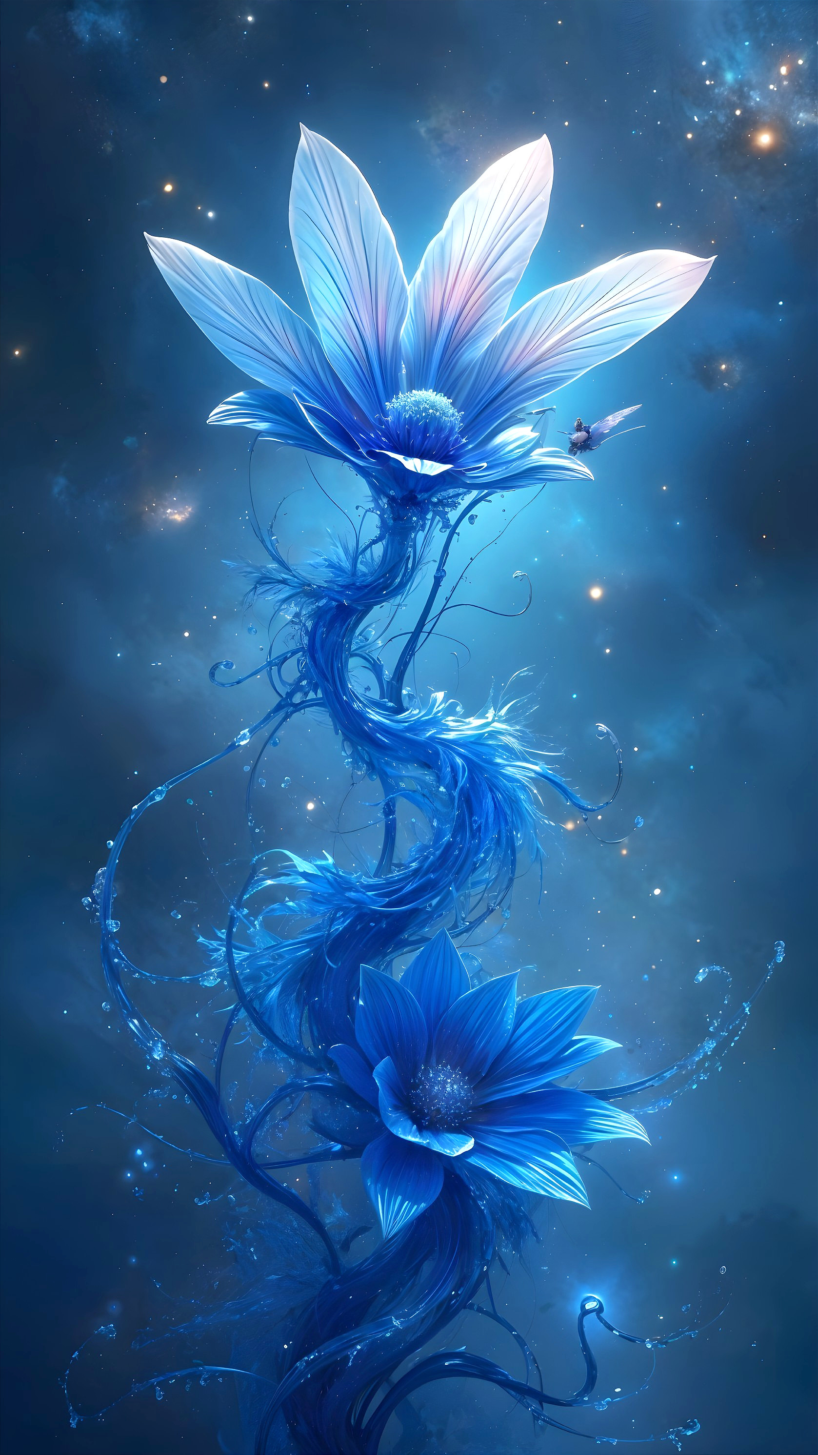 Ethereal Flowers Against a Cosmic Backdrop